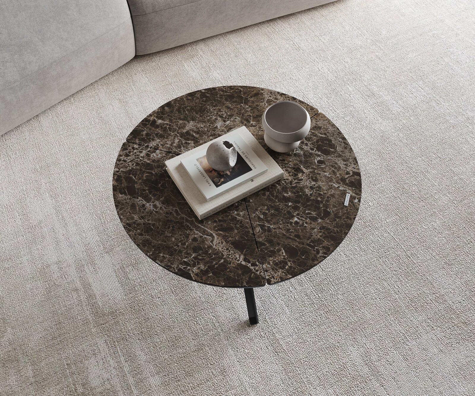 Couchtisch Delron 70x70 cm Keramik Emperador Extra Lucidato Dunkelbraun Kreuzfuß Flach Metall Schwarz 4