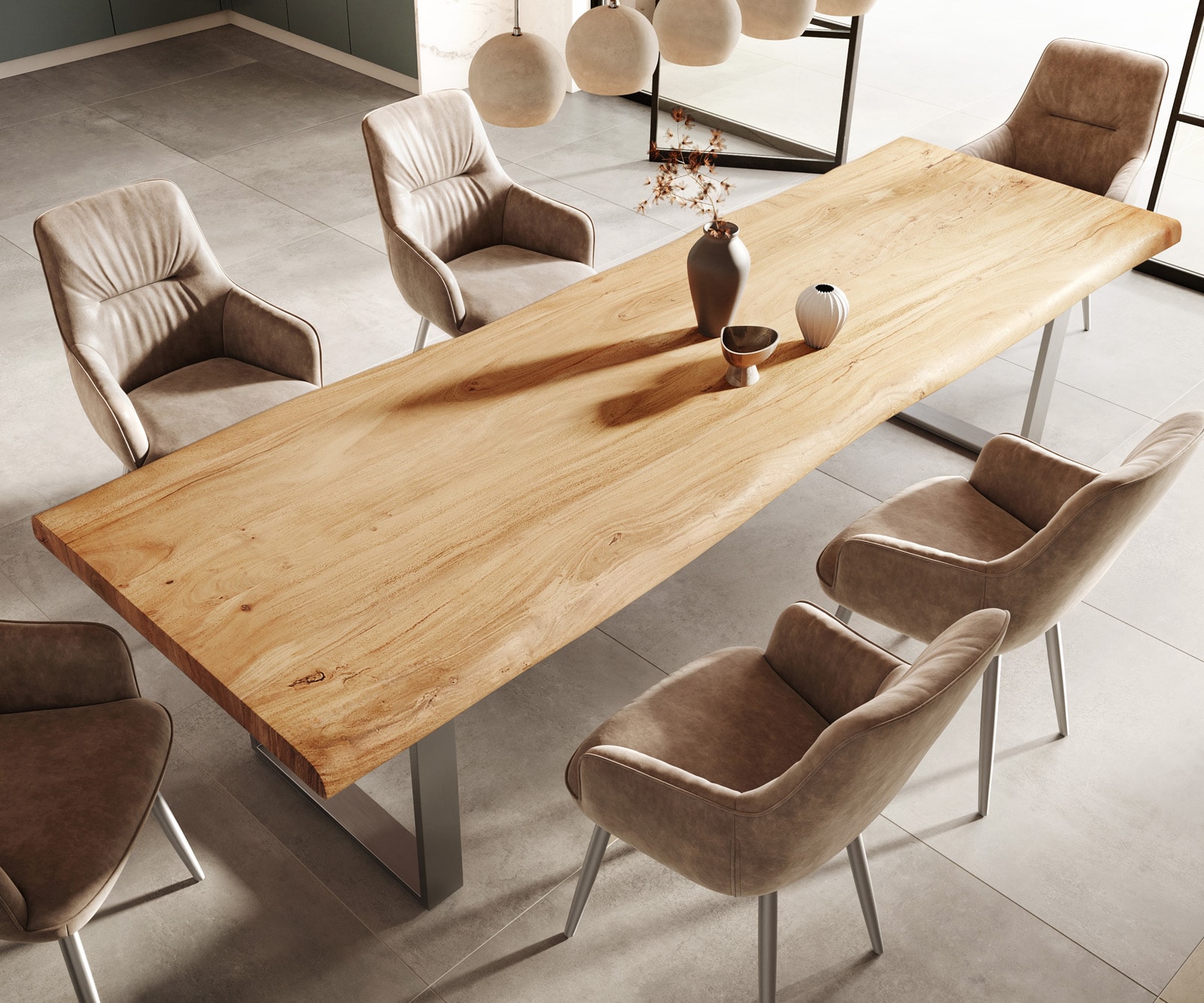 Esszimmertisch Edge Akazie Natur 300x100 XL Edelstahl Schmal Live-Edge
