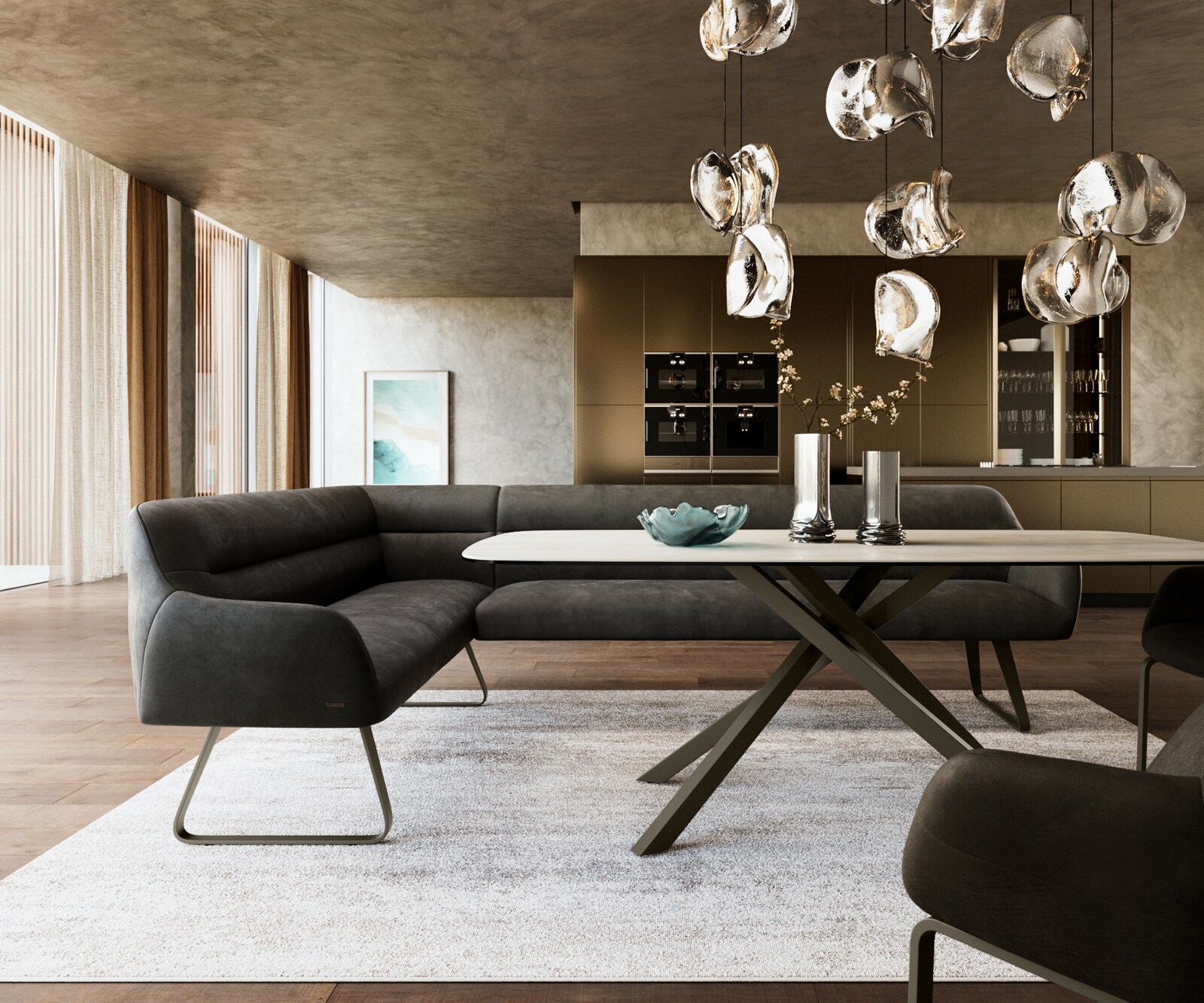 Esszimmerbank Taya-Flex 285x190 cm Mikrofaser Anthrazit Vintage Kufengestell flach Effektfinish Titan Taschenfederkern Rechts 1