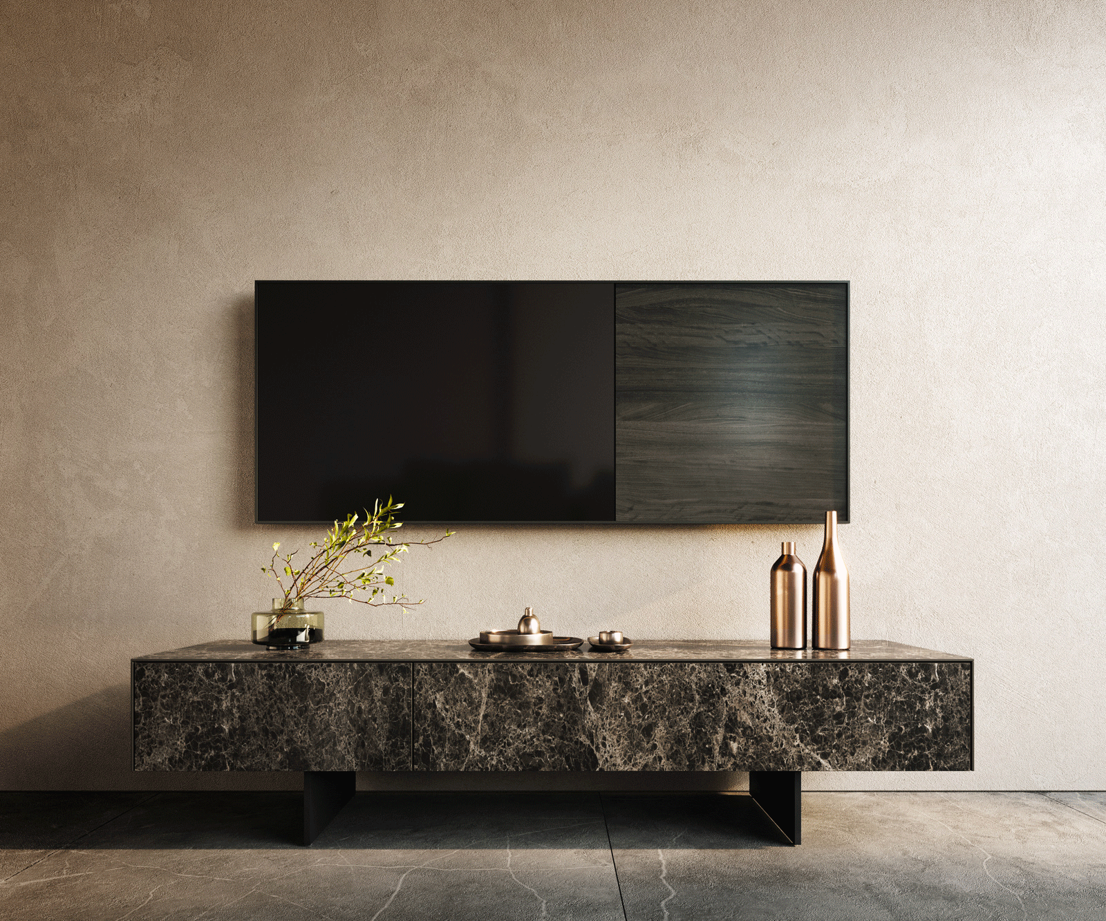 Lowboard Cuor 150 cm Keramik Laminam® Emperador Extra Lucidato Dunkelbraun 1 Klappe 1 Schubfach Fuß Schwebeoptik Metall Schwarz 2
