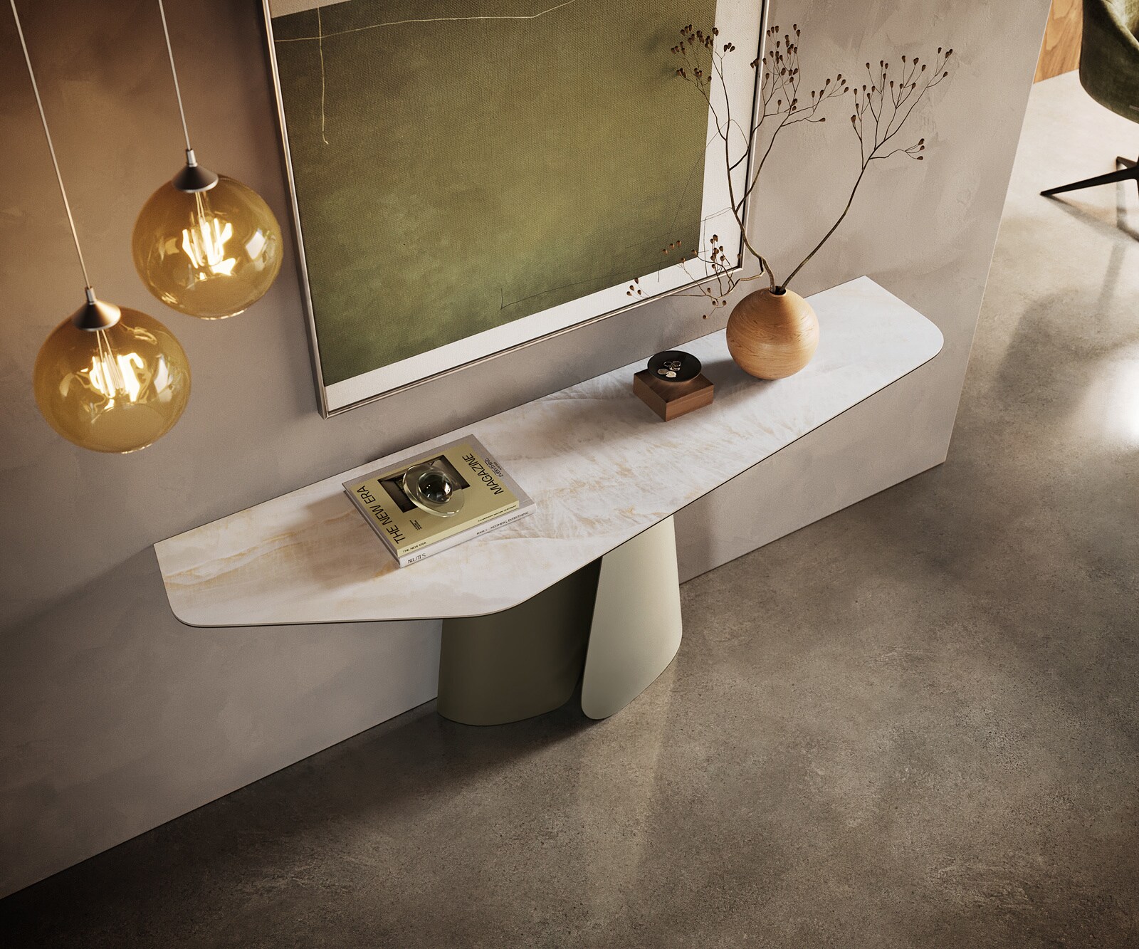 Konsolentisch Edge Polygonal 180x50 cm Keramik Onyx Pearl Livos Metall Effektfinish Titan 2
