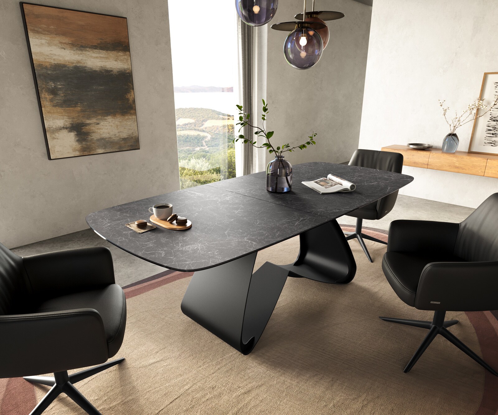 Esstisch Edge Boot 180-220x100 cm Keramik Laminam® Nero Greco Anthrazit W-Gestell Metall Schwarz ausziehbar 1