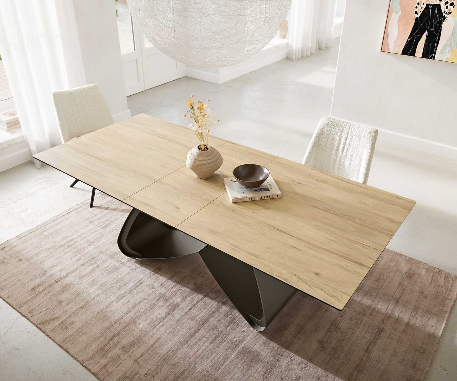 Esstisch Edge 180-220x100 Keramik Laminam® Sabbia Eichefarbig W-Gestell Effektfinish Titan Ausziehbar 5