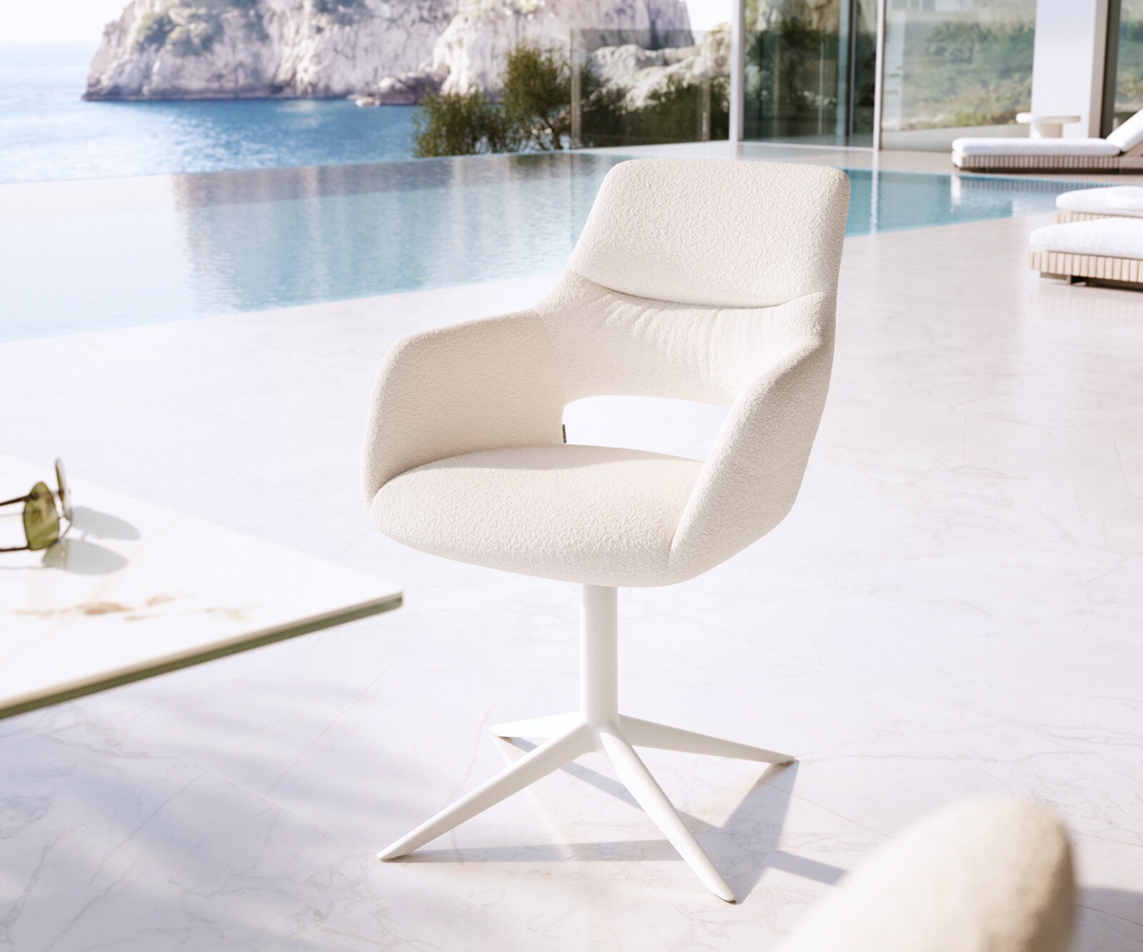 Outdoorstuhl Yago-Flex mit Armlehnen Bouclé Weiß Fußkreuz Weiß 360° drehbar Wippfunktion