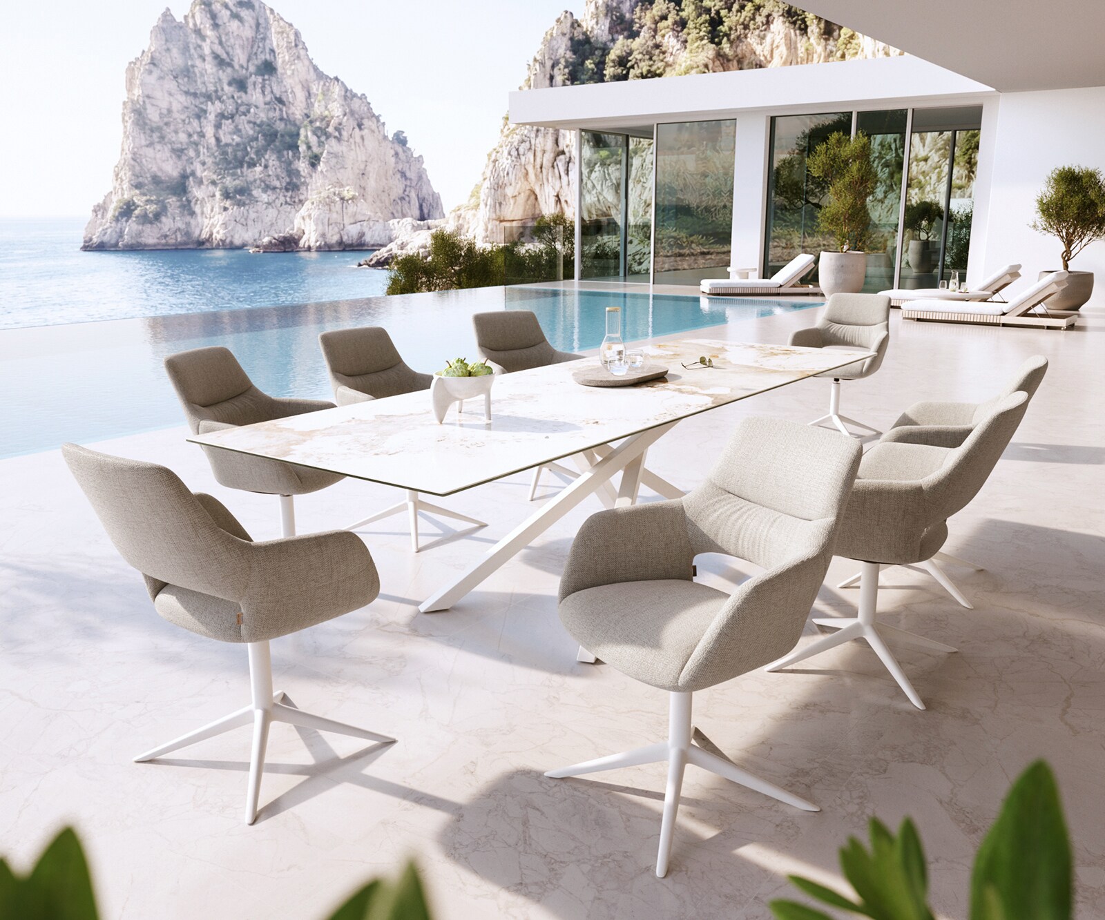 Outdoorstuhl Yago-Flex mit Armlehnen Strukturstoff Grau-Weiß Fußkreuz Weiß 360° drehbar Wippfunktion 3