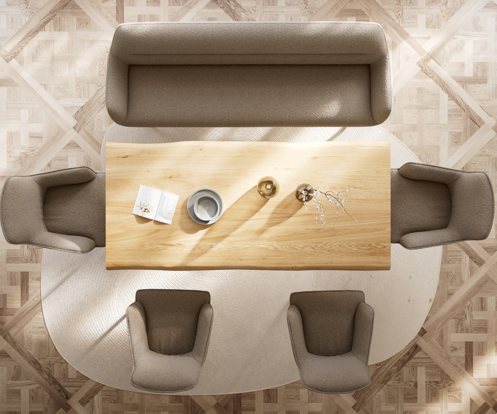 Esszimmerbank Taya-Flex 200 cm Bouclé Schlamm Kufengestell flach Edelstahl Taschenfederkern 5