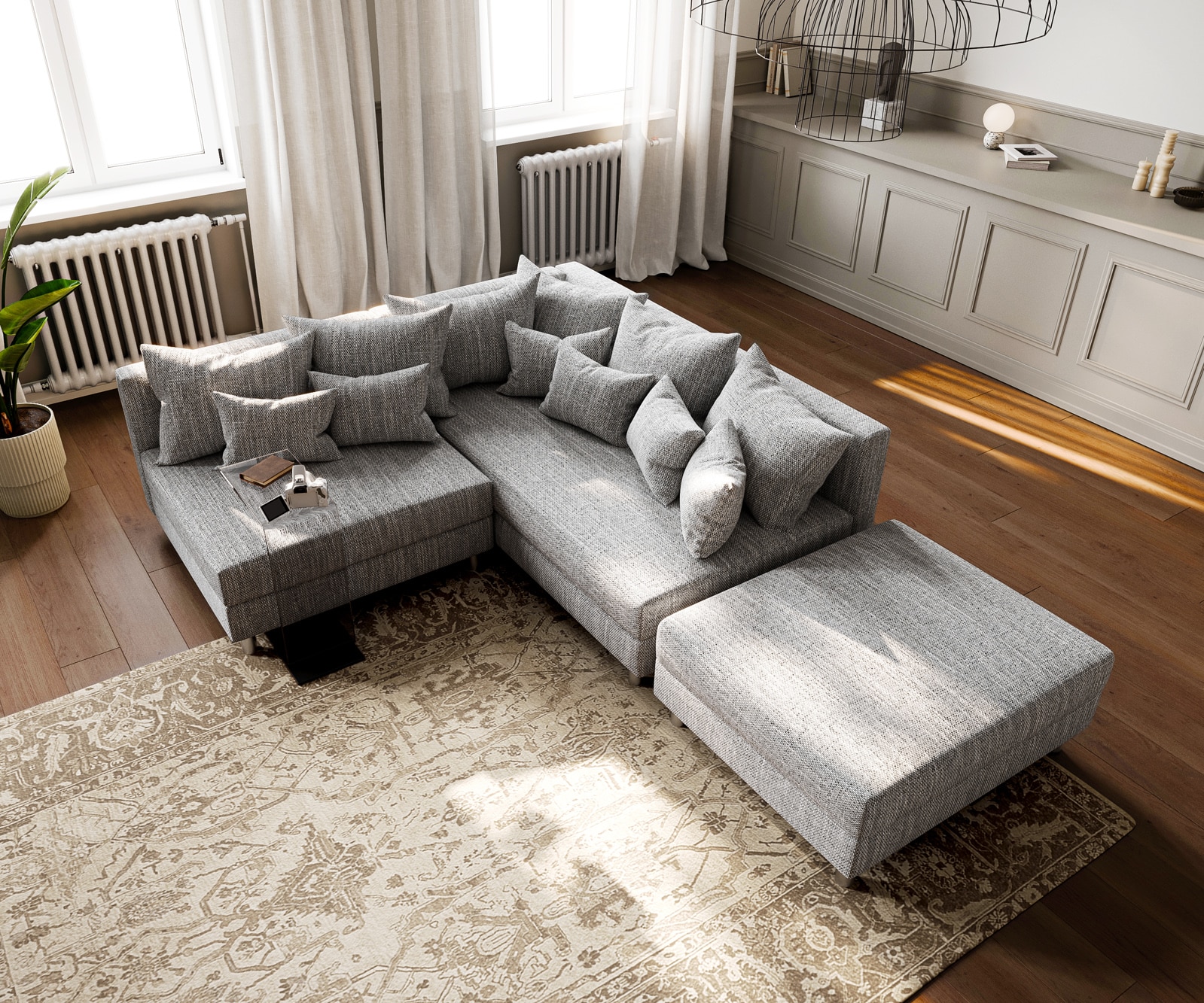 Ecksofa Clovis Hellgrau Strukturstoff Hocker Ottomane Rechts Modulsofa 4