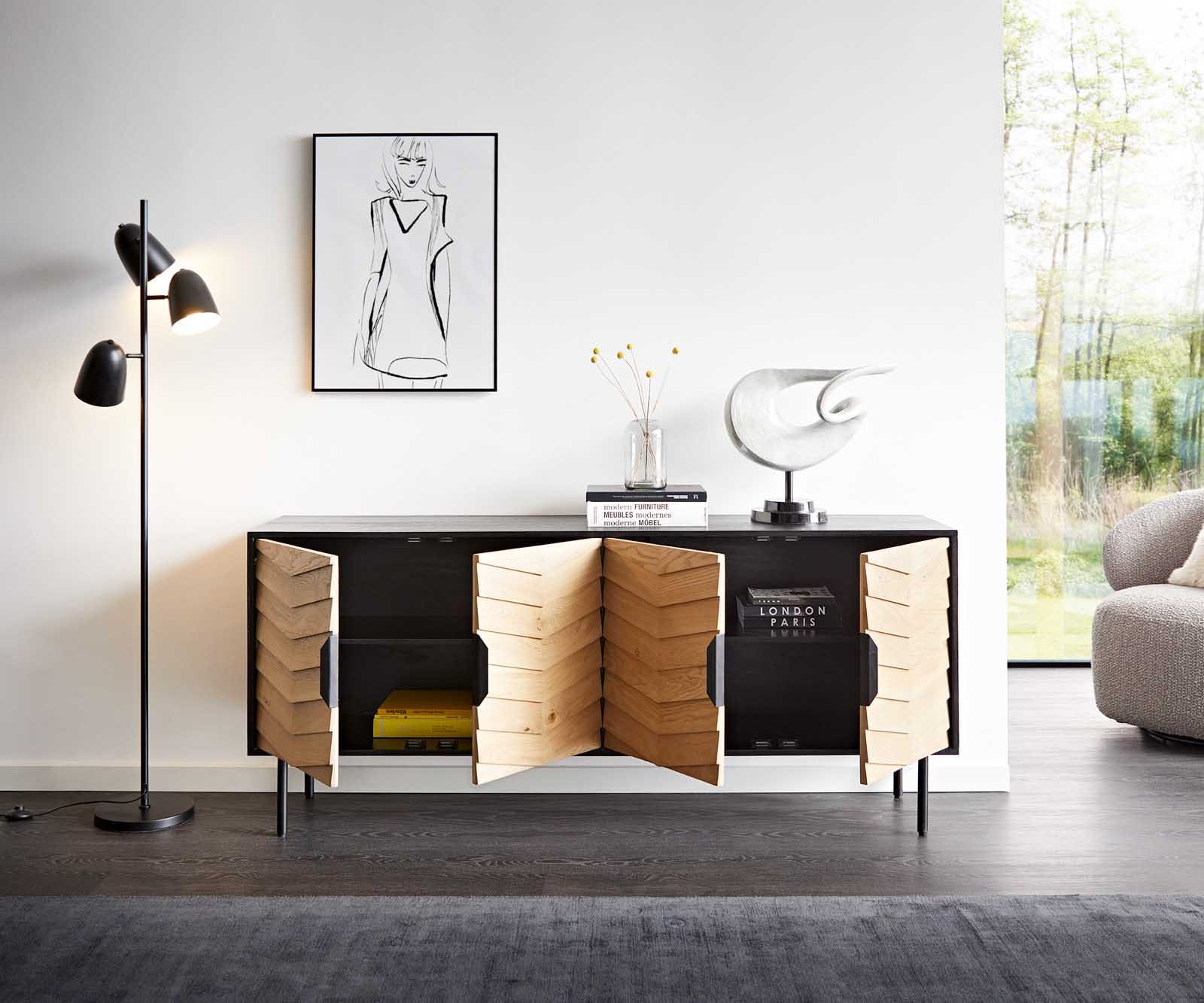 Sideboard Muvi 175 cm Eiche Natur Mango Schwarz Metall Schwarz 4 Türen 4 Sideboard Muvi 175 cm Eiche Natur Mango Schwarz Metall Schwarz 4 Türen 4