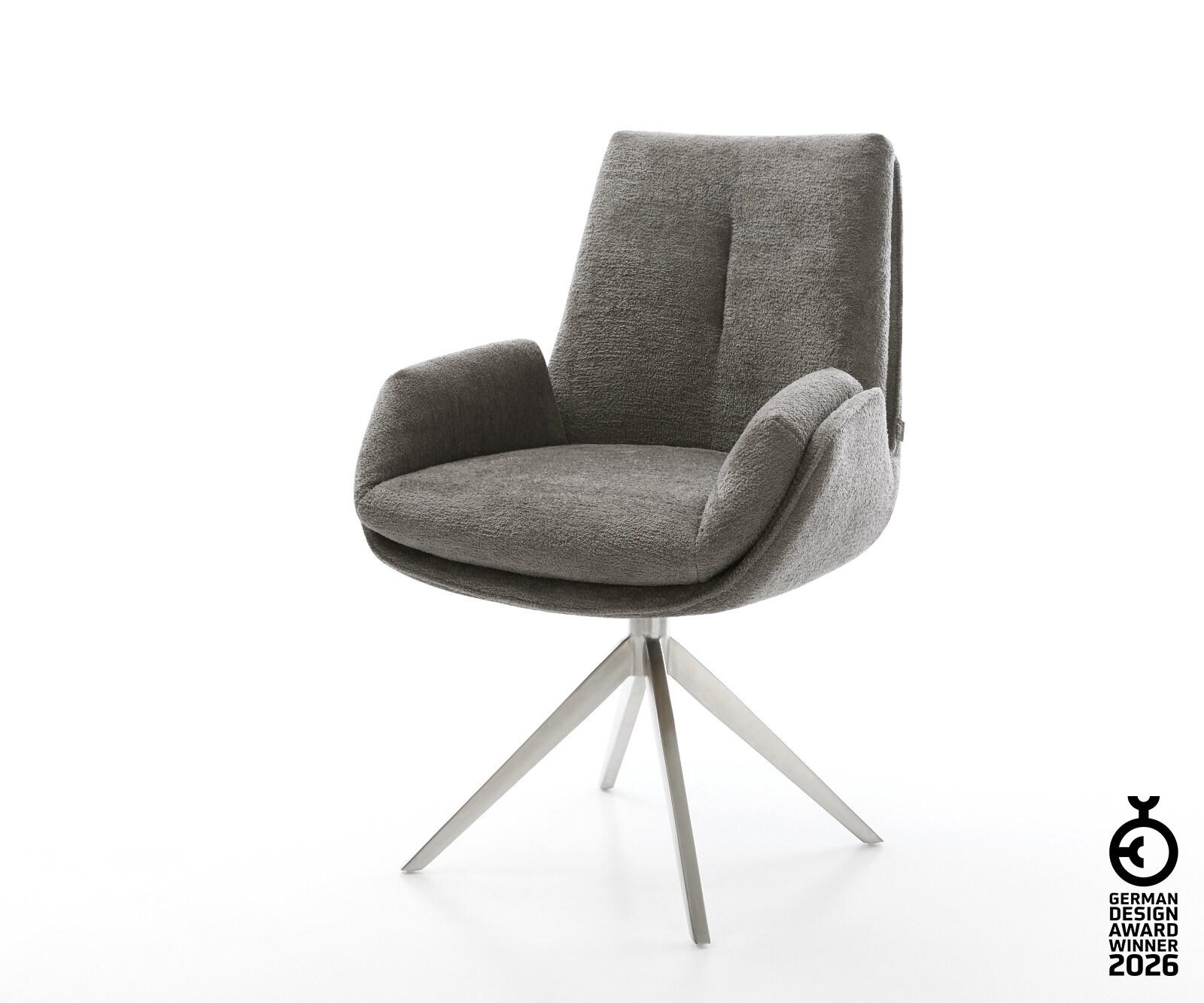 Drehstuhl Clea-Flex Bouclé Soft Schlamm Kreuzgestell breit Edelstahl 360° drehbar Wippfunktion