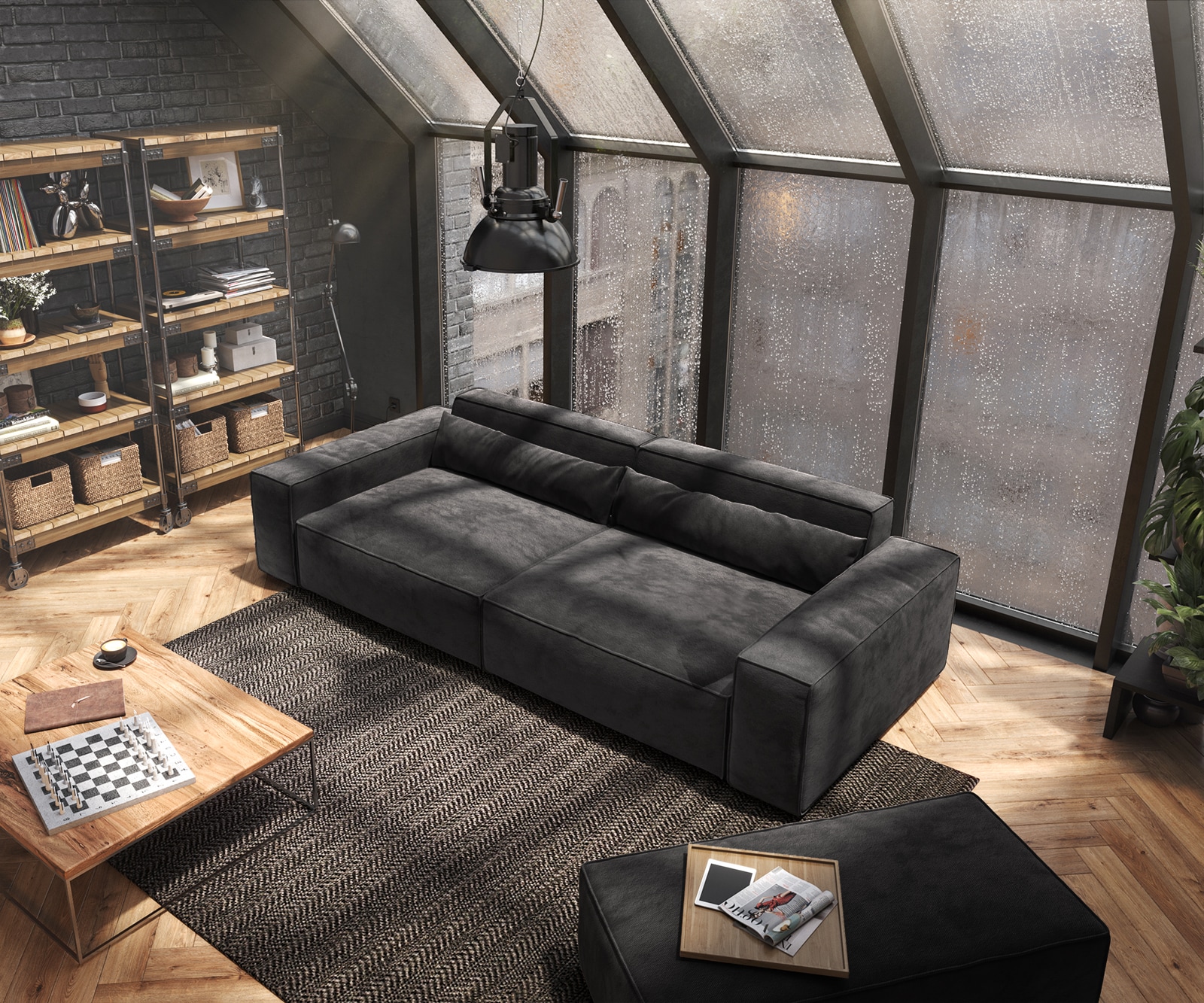 Big-Sofa Sirpio XL Mikrofaser Schwarz 270x130 cm mit Hocker