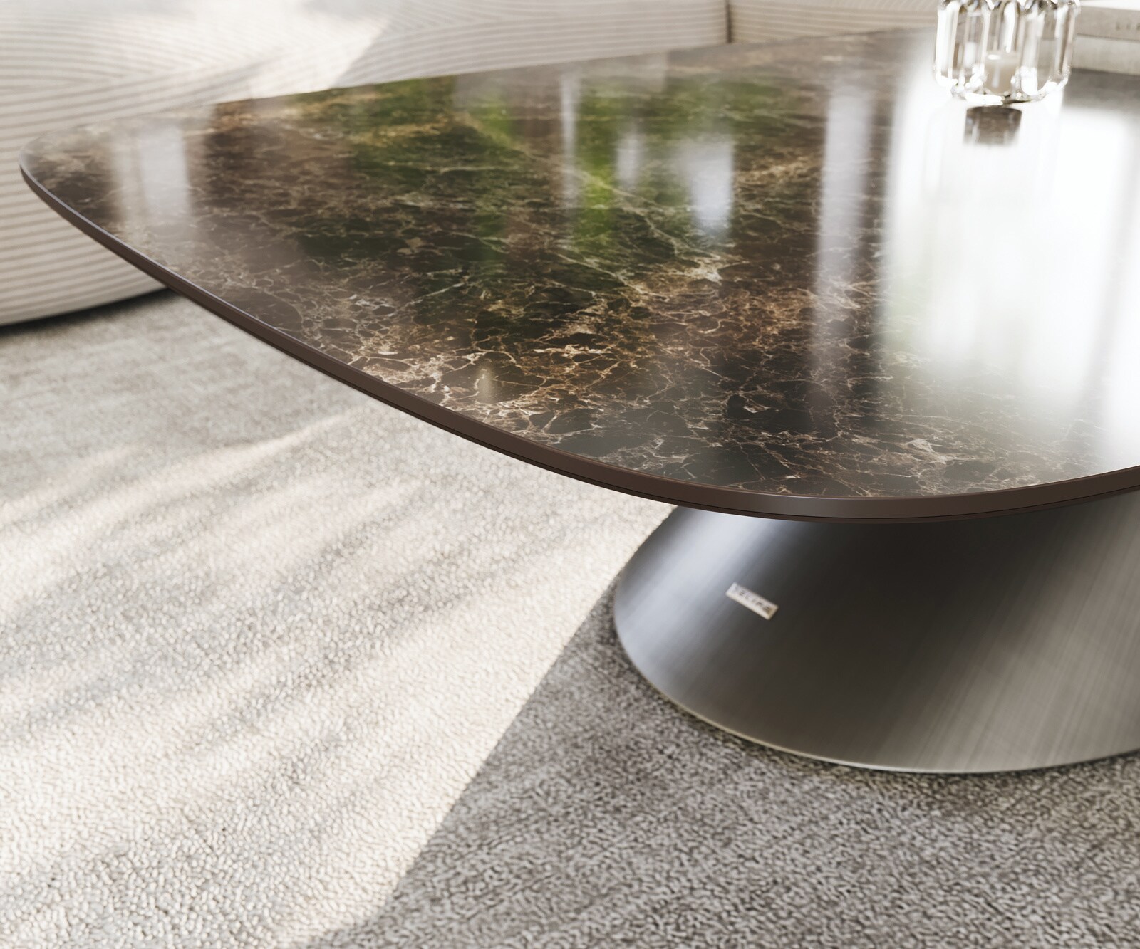 Couchtisch Edge Boot 140x80 cm Keramik Laminam® Emperador Extra Lucidato Dunkelbraun Conis Metallic Silber 5