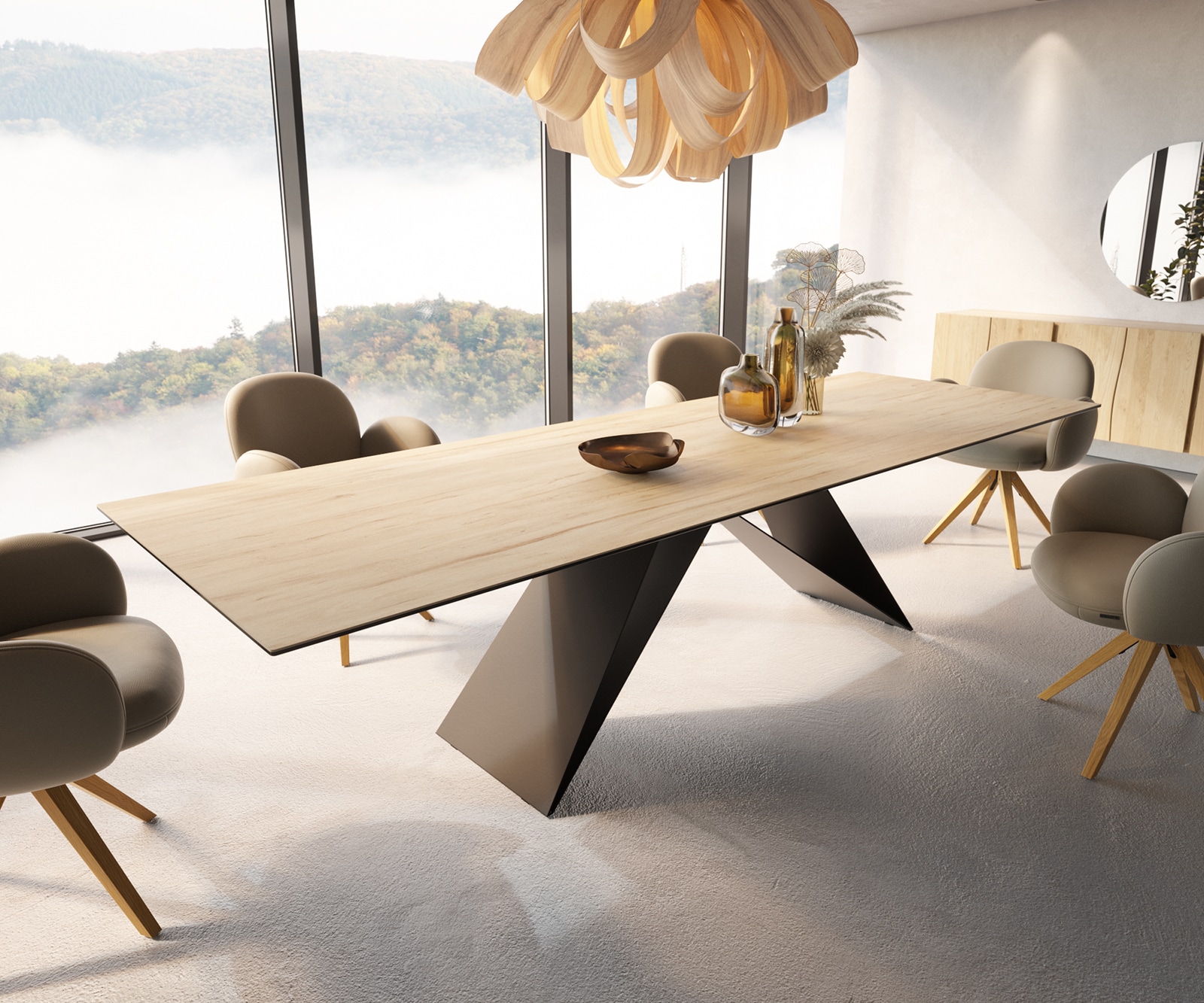 Esstisch Edge 300x100 Keramik Laminam® Sabbia Eichefarbig V-Gestell Flachstahl Schwarz 5