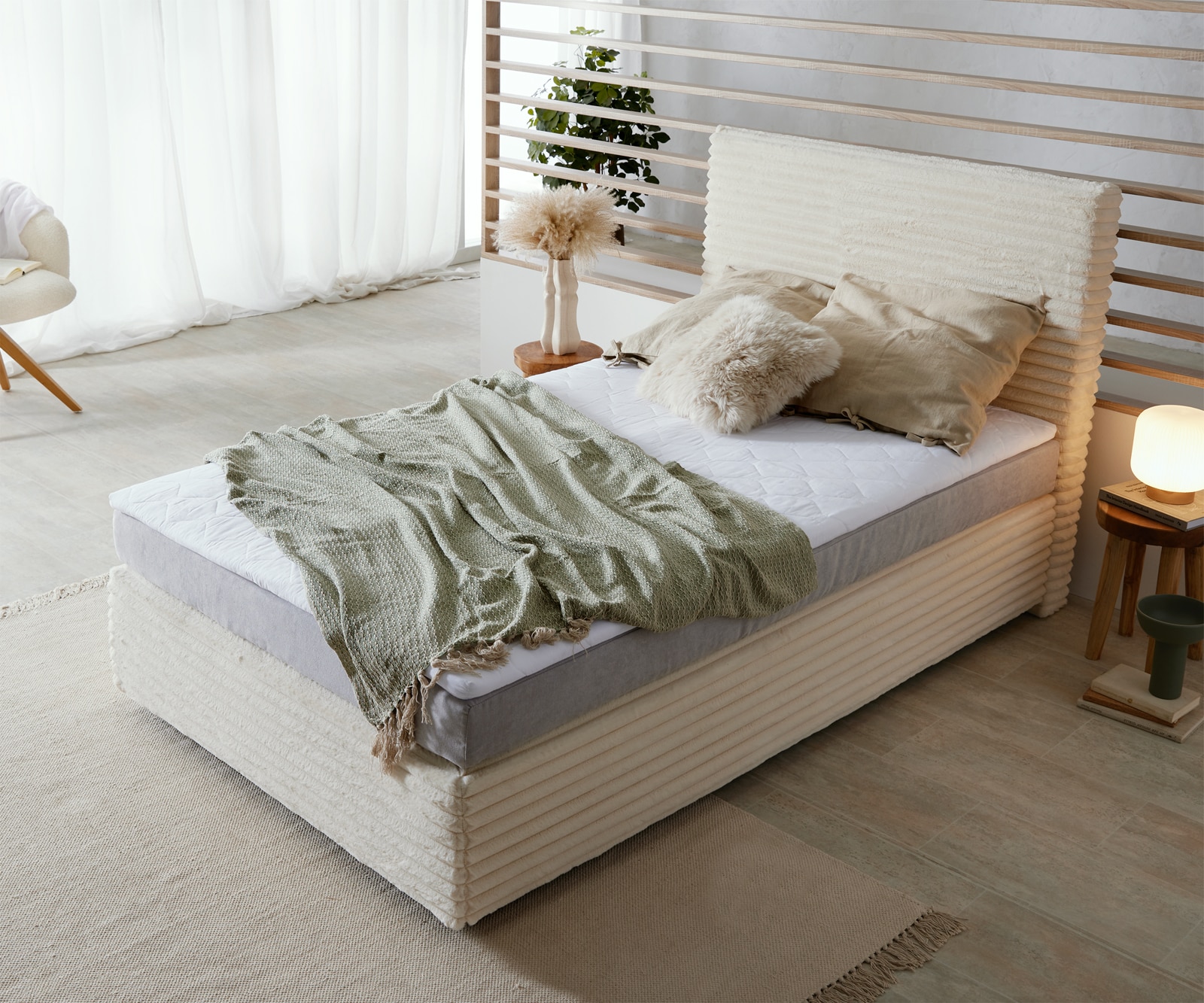 Boxspringbett Dream-Well Plüsch-Cord Beige 120x200 cm Bonell-Matratze PU-Topper 4