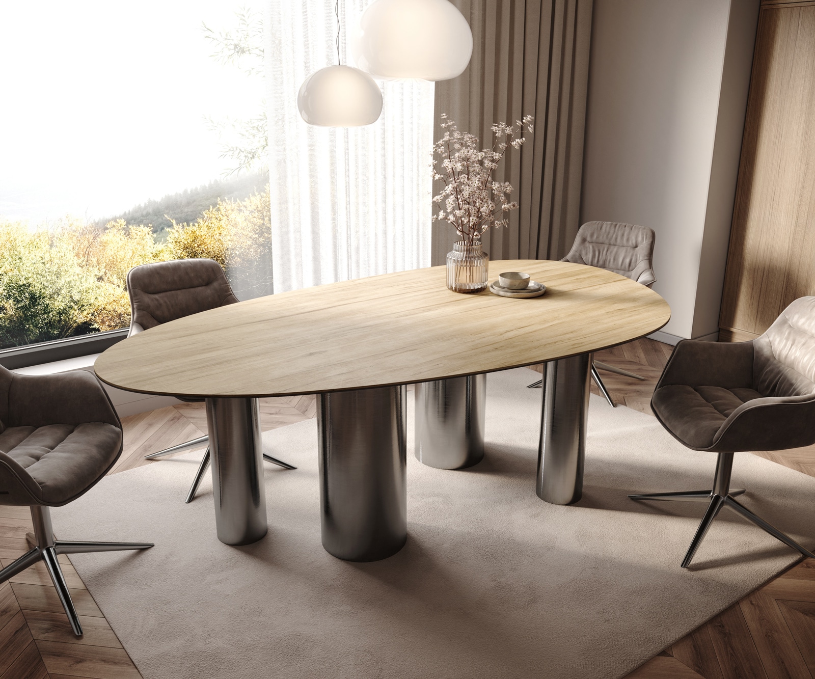 Esstisch Edge Oval 220x120 Keramik Laminam® Sabbia Eichefarbig Pilier Edelstahl Graphit