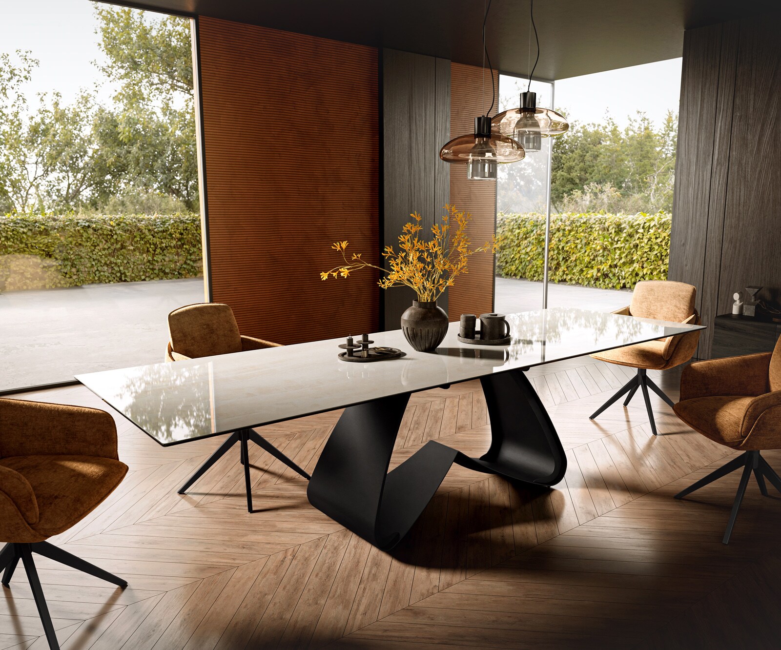 Esstisch Edge 300x100 cm Keramik Onyx Champagne W-Gestell Metall Schwarz