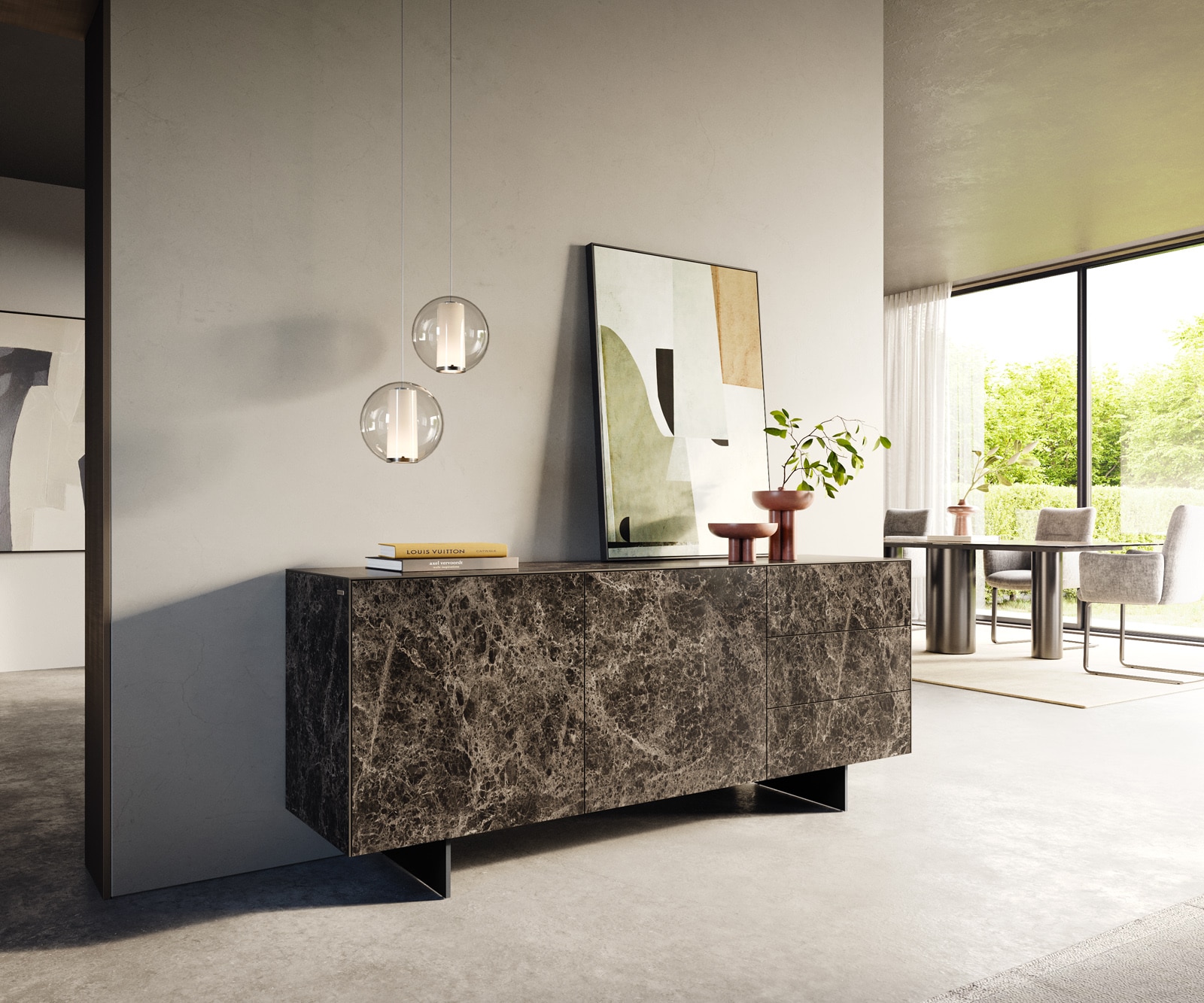 Sideboard Cuor 180 cm Keramik Laminam® Emperador Extra Lucidato Dunkelbraun 2 Türen 3 Schubfächer Fuß Schwebeoptik Metall Schwarz
