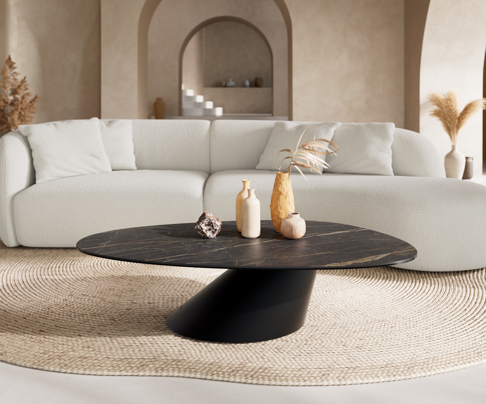 Couchtisch Edge Oval 140x75 cm Keramik Laminam® Noir Desir Braun Conis Metall Schwarz 2