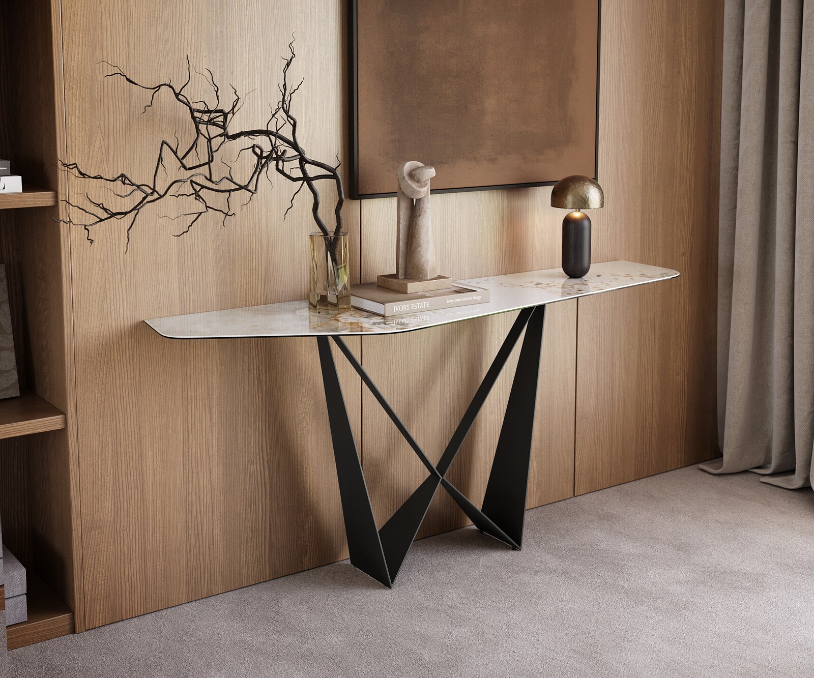 Konsolentisch Edge Polygonal 180x50 cm Keramik Minas Melange Weiß-Beige Spios Metall Schwarz