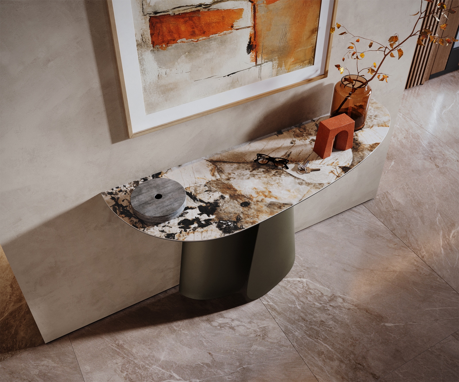 Konsolentisch Edge Oval 140x40 cm Keramik Patagonia Poliert Livos Metall Effektfinish Titan 1