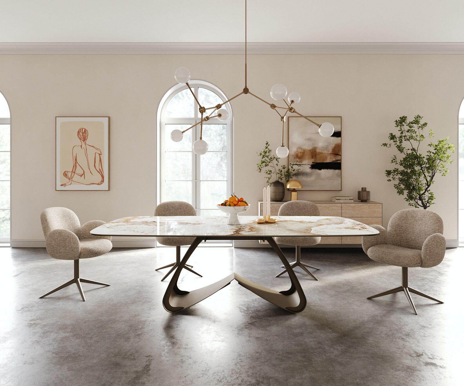 Esstisch Edge Boot 240x120 cm Keramik Minas Melange Weiß-Beige W-Gestell Metall Effektfinish Titan 2