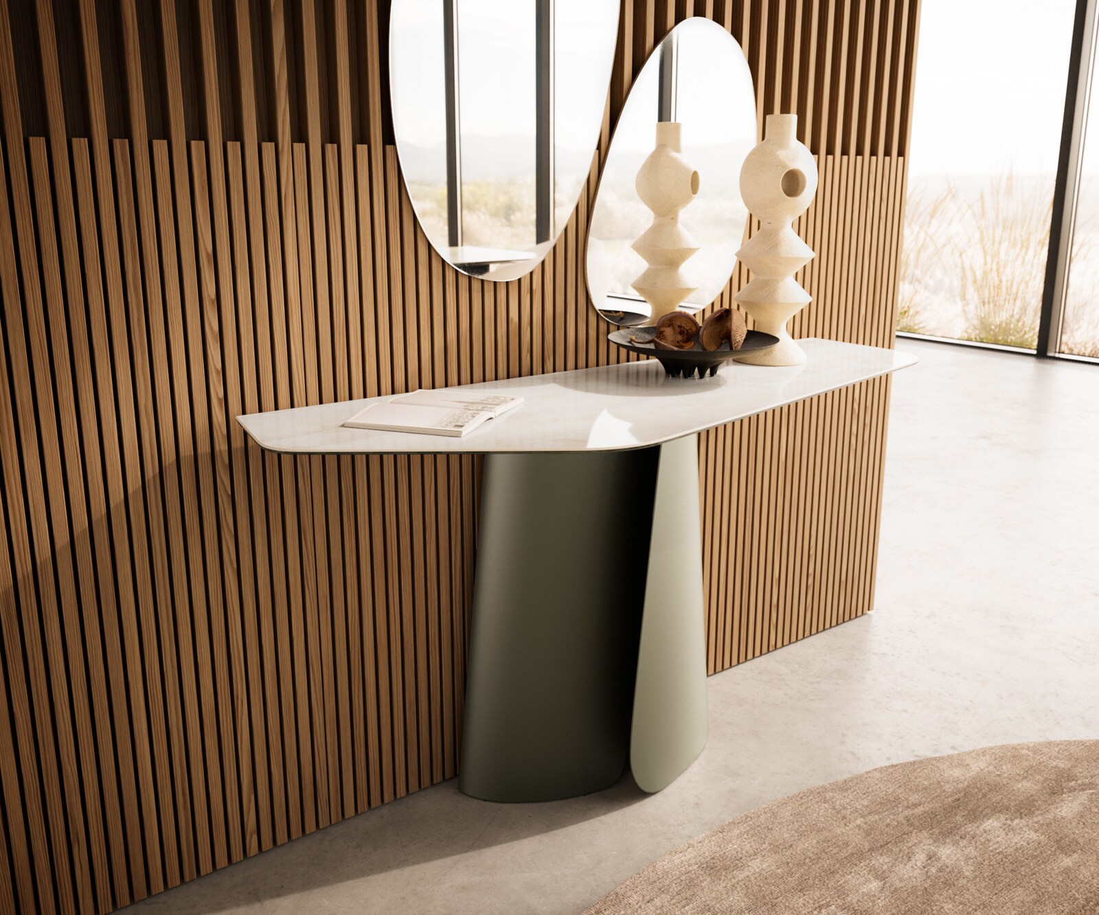 Konsolentisch Edge Polygonal 140x50 cm Keramik Onyx Champagne Livos Metall Effektfinish Titan
