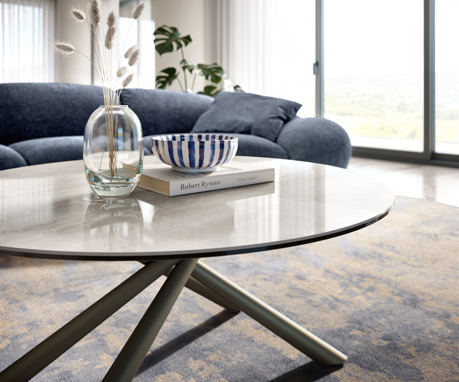 Couchtisch Edge Rund 90x90 cm Keramik Onyx Champagne Sarity Metall Effektfinish Titan 6