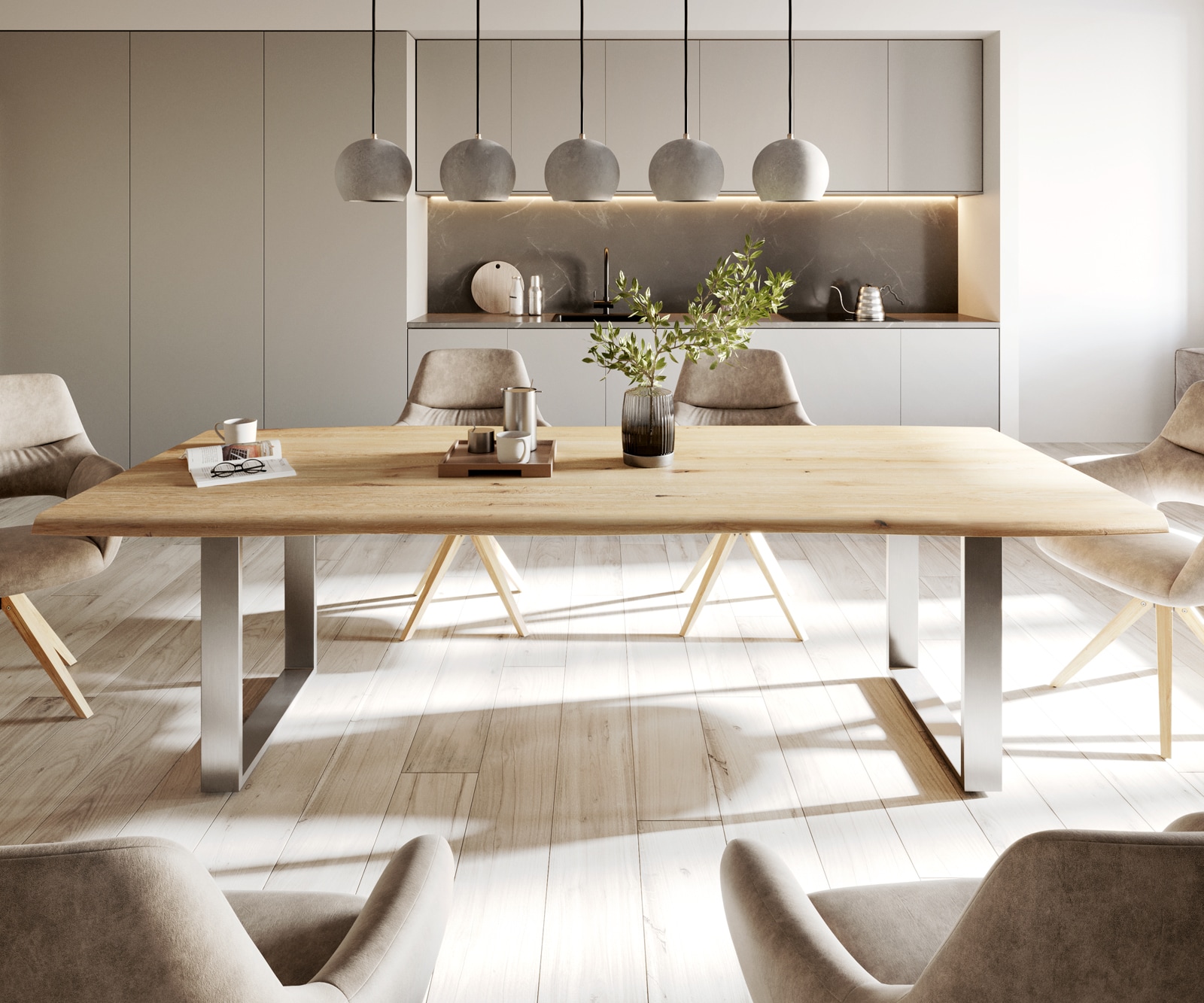 Esstisch Edge 260x100x2,5-3 Eiche Natur Edelstahl schmal Live-Edge 2