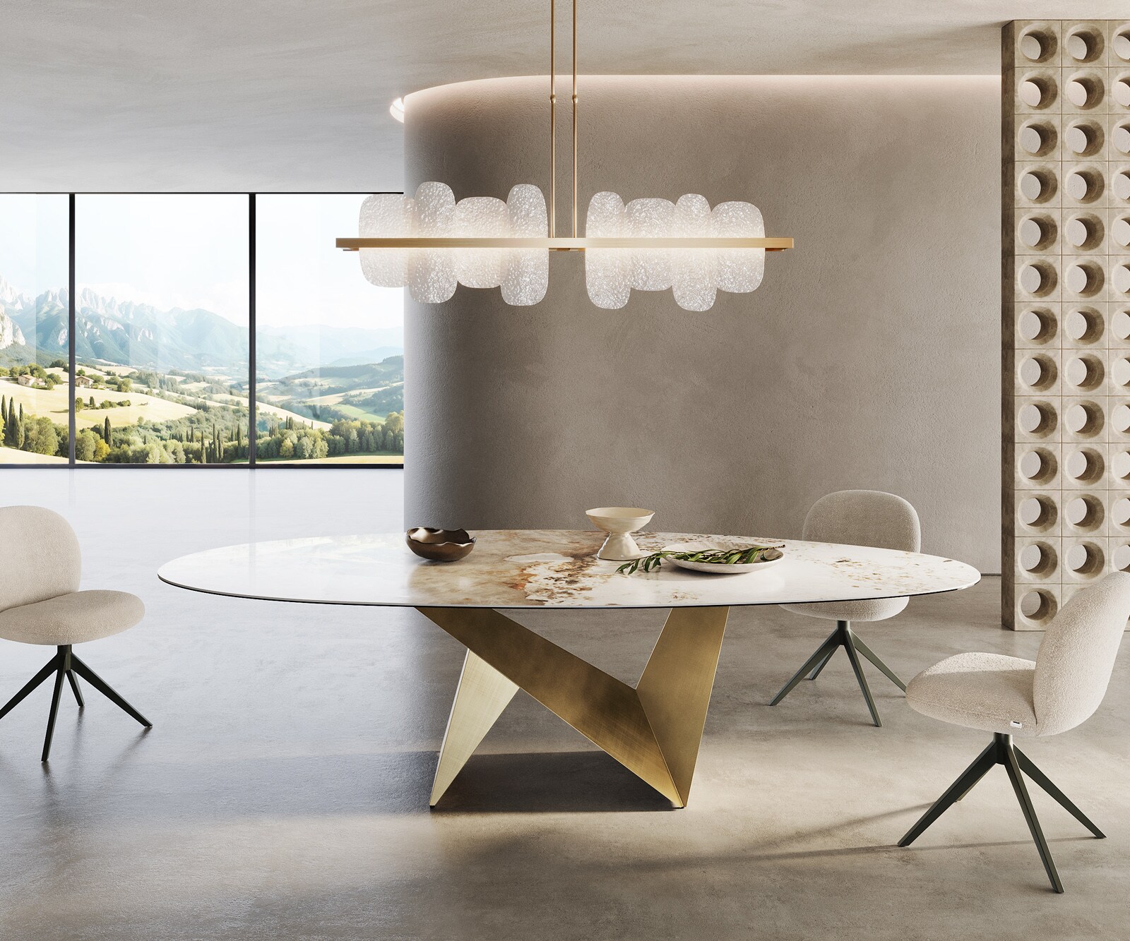 Esstisch Edge Oval 280x130 Keramik Minas Melange Weiß-Beige Origami Metallic Gold