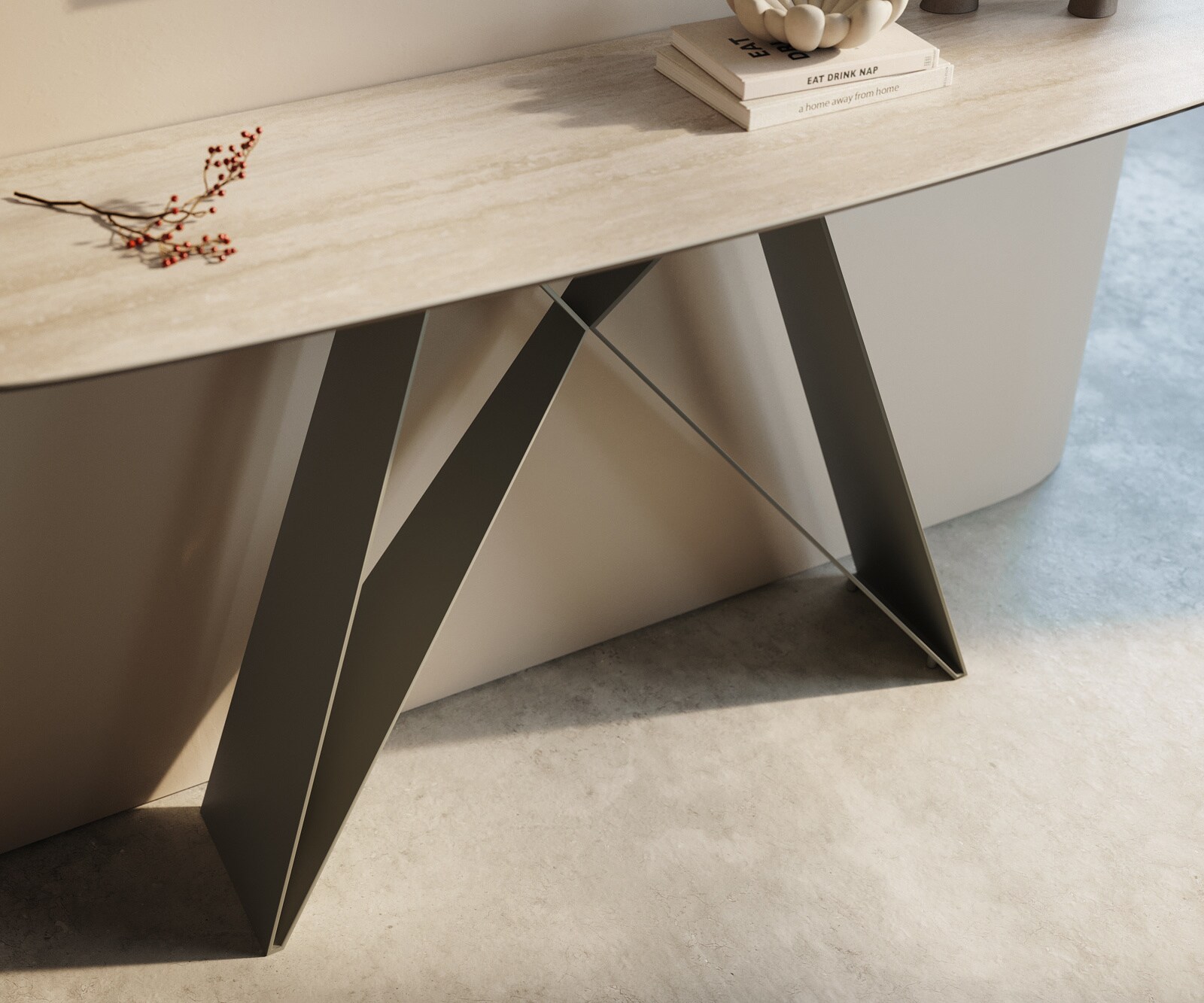 Konsolentisch Edge Boot 140x40 cm Keramik Laminam® Travertino Bianco Creme-Weiß Velio Metall Effektfinish Titan 5