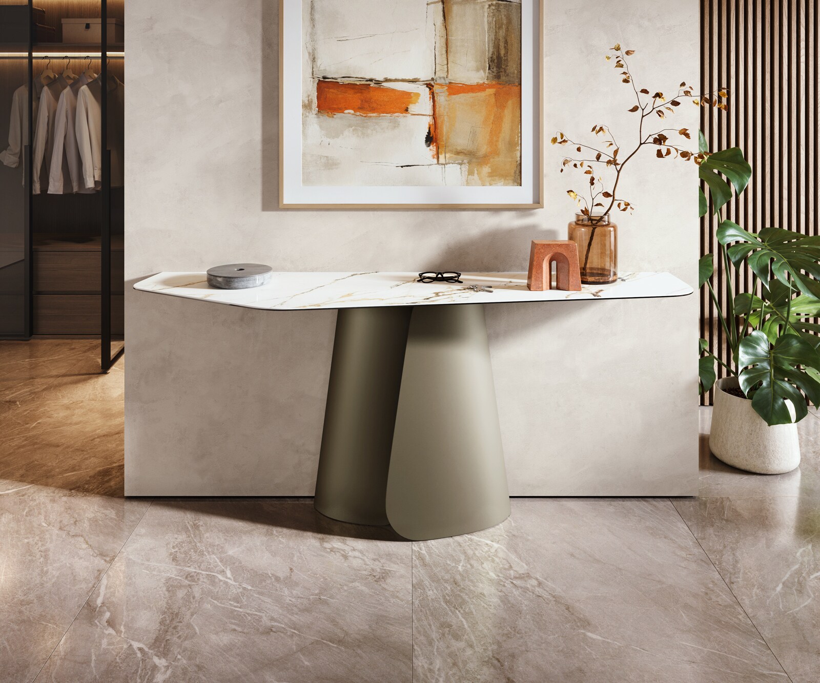 Konsolentisch Edge Polygonal 180x50 cm Keramik Calacatta Luxe Weiß-Gold-Grau Livos Metall Effektfinish Titan 4