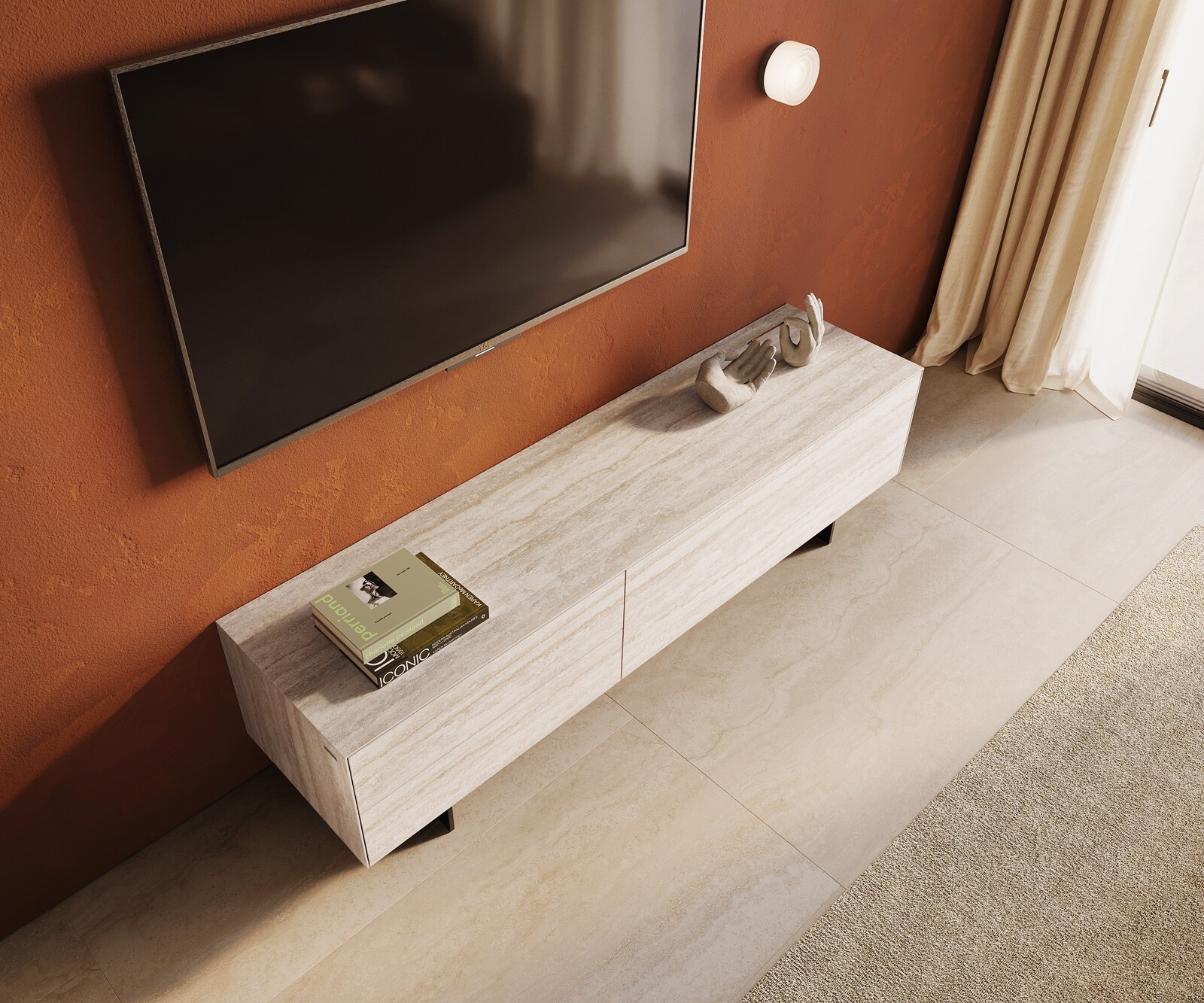 Lowboard Cuor 180 cm Keramik Laminam® Travertino Bianco Creme-Weiß 1 Klappe 2 Schubfächer Fuß Schwebeoptik Metall Schwarz 3