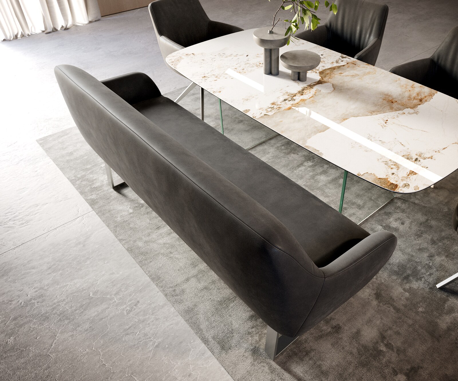 Esszimmerbank Taya-Flex 200 cm Mikrofaser Anthrazit Vintage Kufengestell kantig Edelstahl Taschenfederkern 3