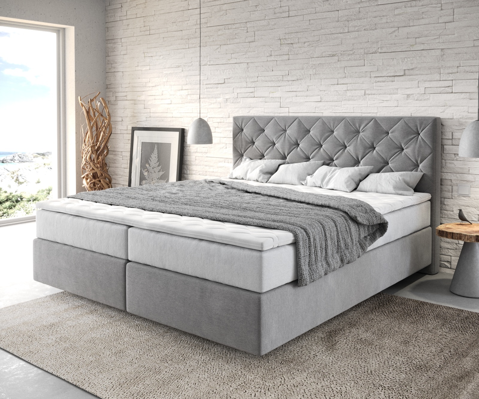 Boxspringbett Dream-Great 180x200 cm Mikrofaser Grau mit TFK Matratze und Visco Topper 1