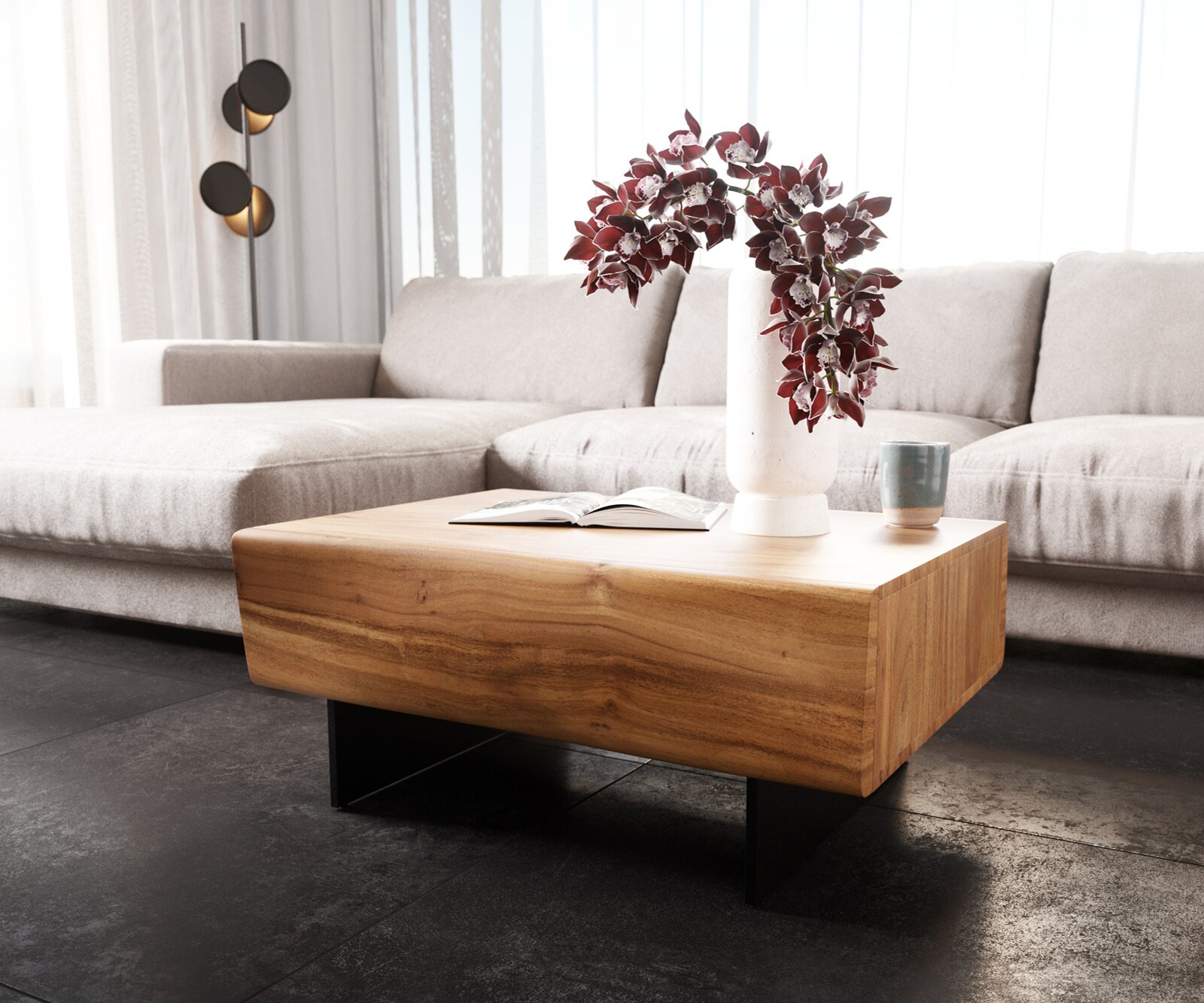 Couchtisch New Live-Edge 80x60 cm Akazie Natur 2 Schubladen Fuß schwebend Metall Schwarz 3