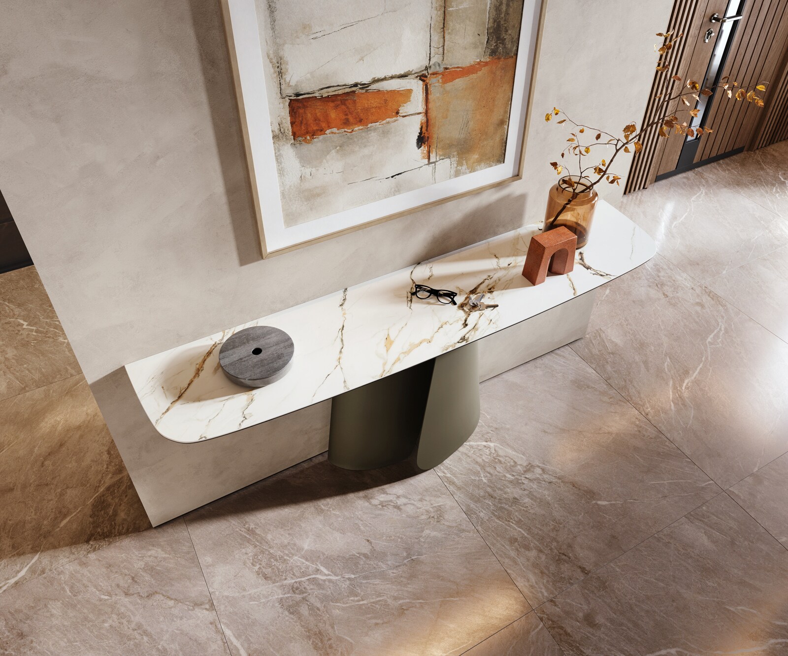 Konsolentisch Edge Boot 180x40 cm Keramik Calacatta Luxe Weiß-Gold-Grau Livos Metall Effektfinish Titan 2