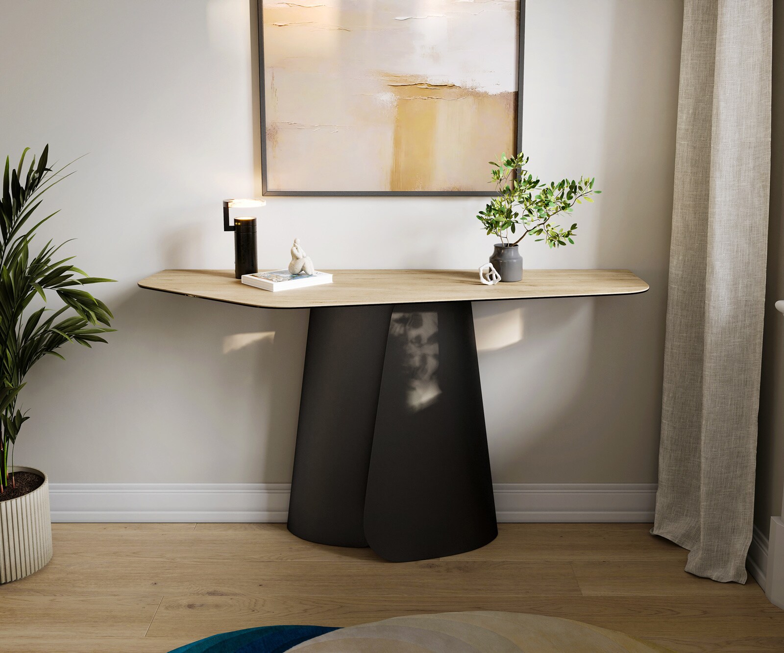 Konsolentisch Edge Polygonal 140x50 cm Keramik Laminam® Sabbia Eichefarbig Livos Metall Schwarz 3