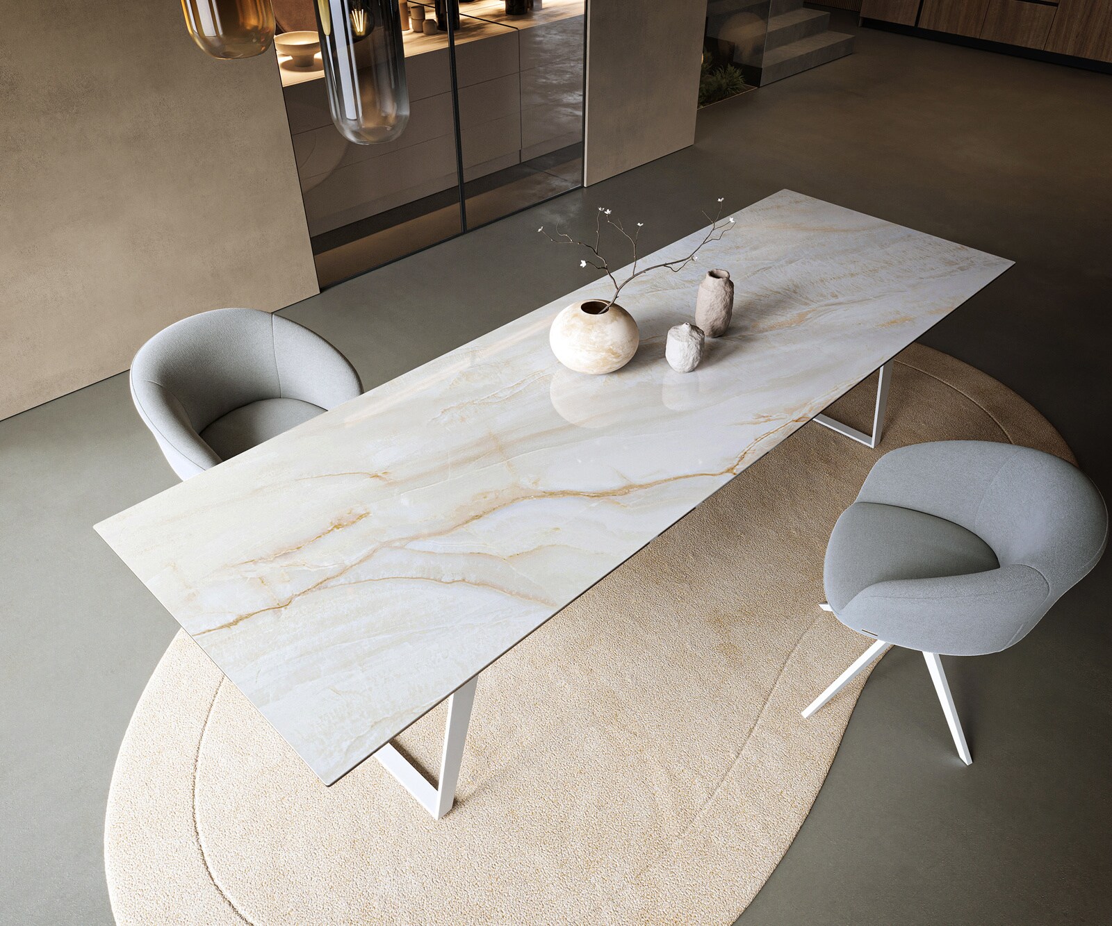 Esstisch Edge 300x100 cm Keramik Onyx Pearl Metall Schräg Weiß 3