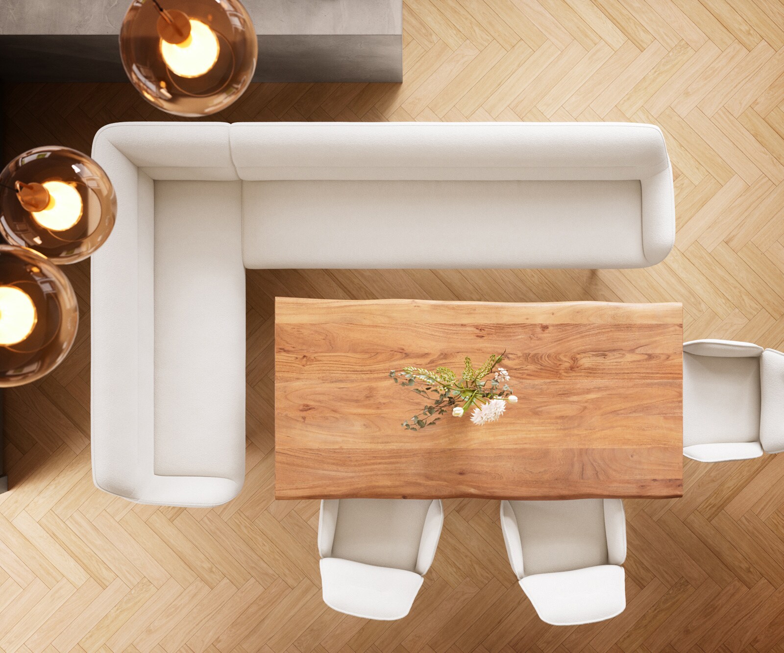 Esszimmerbank Taya-Flex 285x190 cm Bouclé Creme-Weiß Kufengestell flach Effektfinish Titan Taschenfederkern Rechts 6