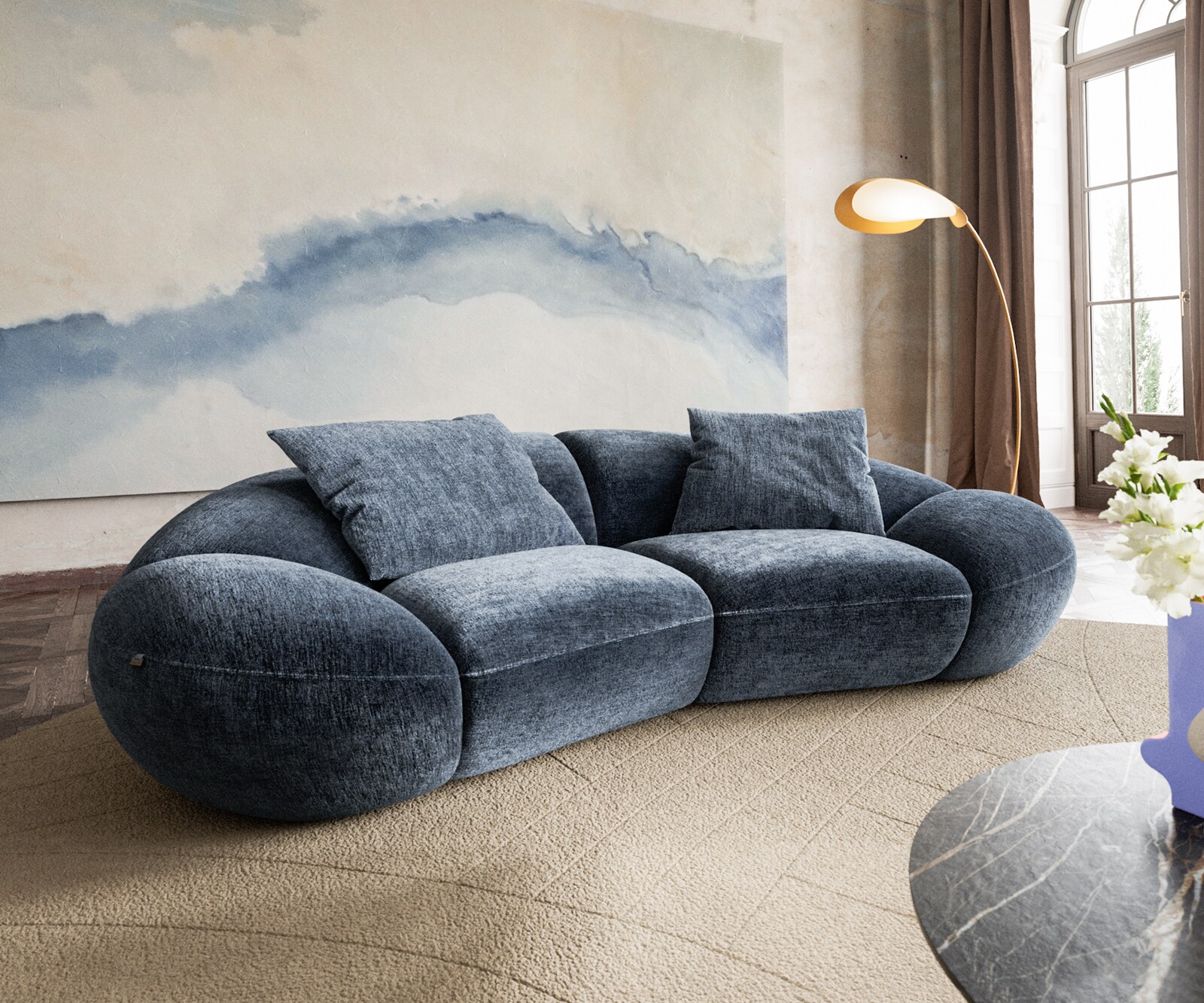 2-Sitzer Lunna 280x170 cm Chenille Blau 2 Kissen