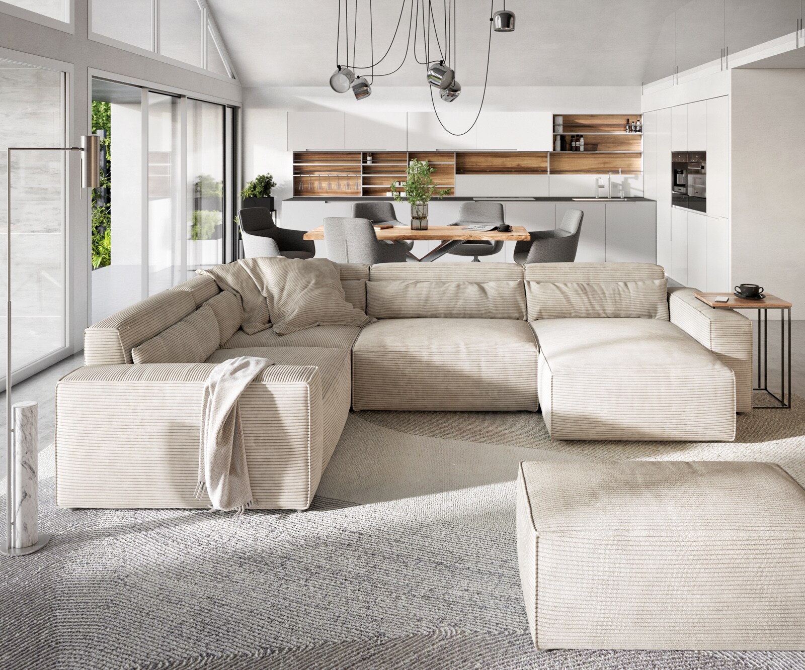 Wohnlandschaft Sirpio 300x210 cm Cord Beige Recamiere variabel mit Hocker 2