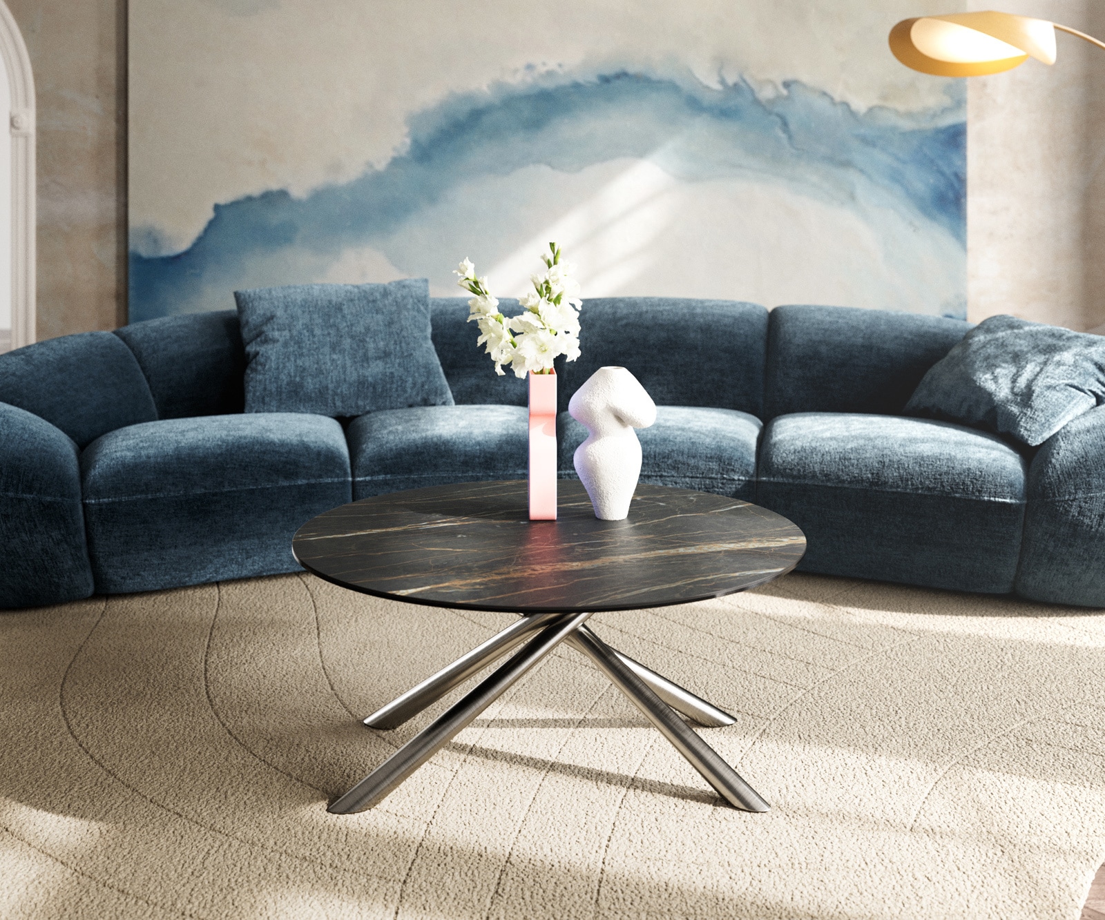 Couchtisch Edge Rund 90x90 cm Keramik Laminam® Noir Desir Braun Sarity Edelstahl gebürstet 1