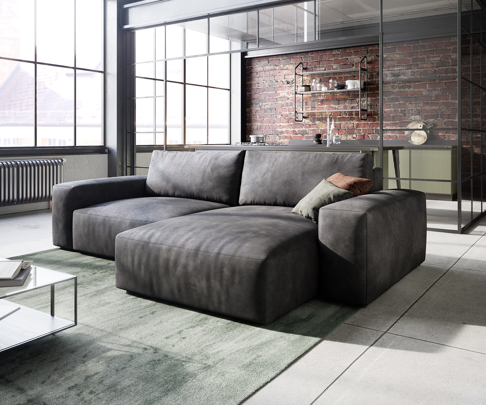 Ecksofa Lanzo 230x155 cm Lederimitat Vintage Anthrazit Recamiere variabel