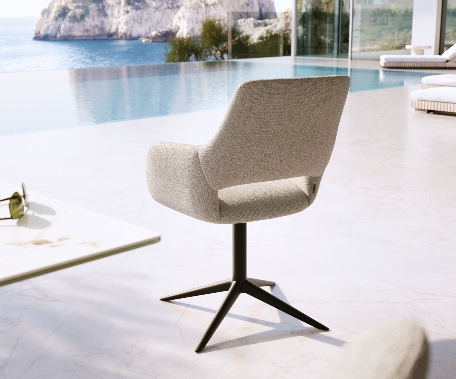 Outdoorstuhl Yago-Flex mit Armlehnen Strukturstoff Grau-Weiß Fußkreuz Schwarz 360° drehbar Wippfunktion 4