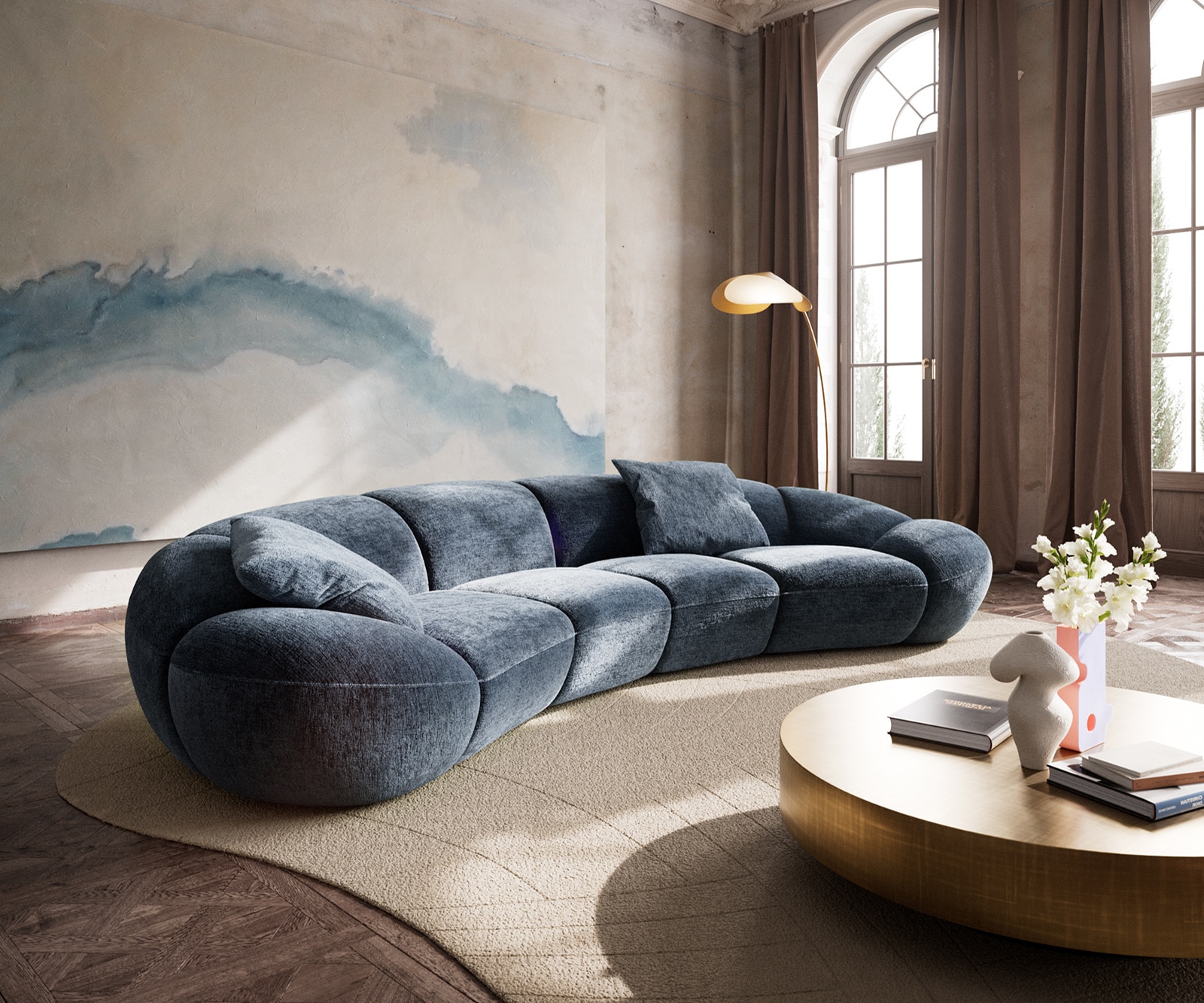 Big-Sofa Lunna 360x175 cm Chenille Blau 2 Kissen Big-Sofa Lunna 360x175 cm Chenille Blau 2 Kissen