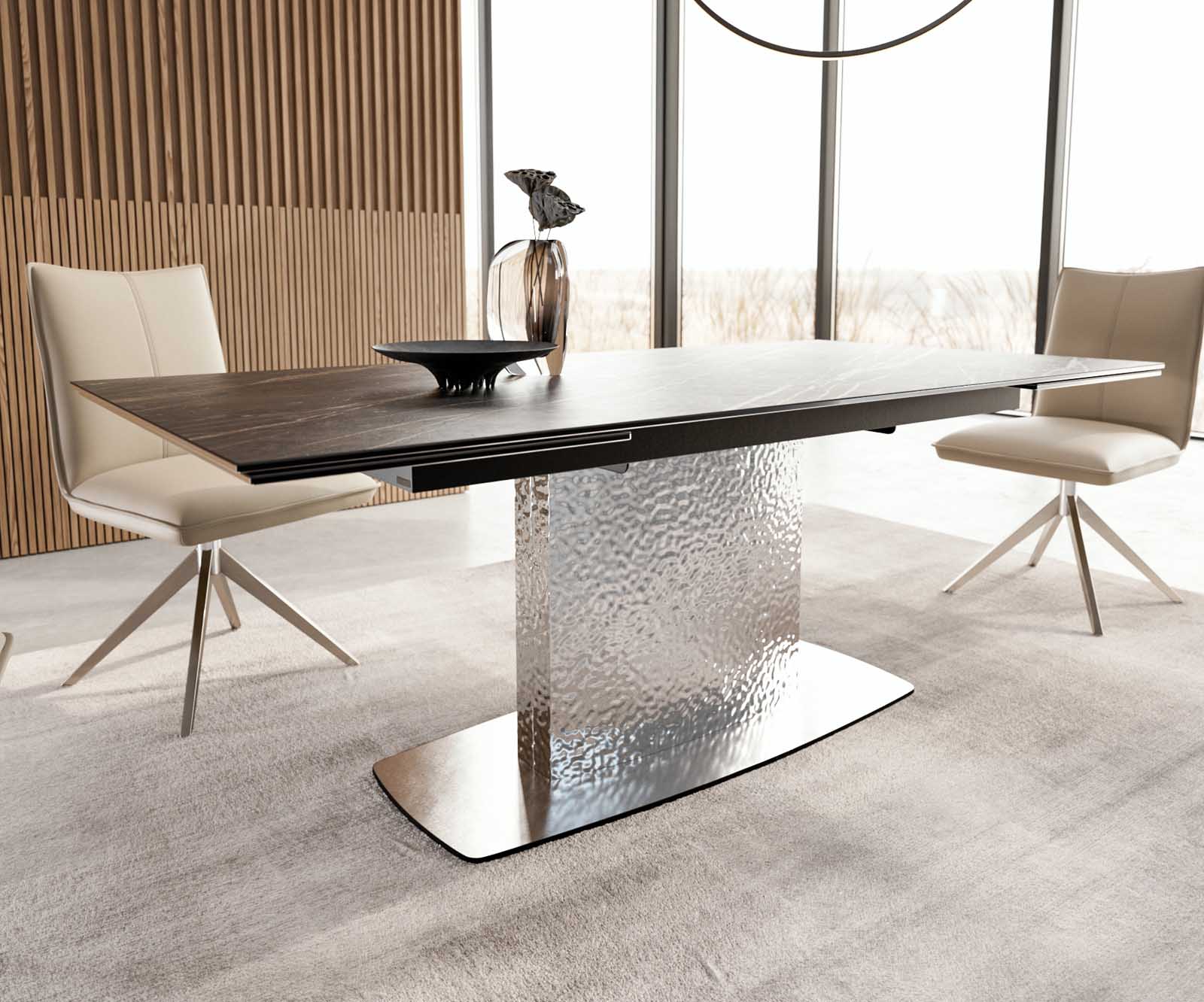 Esstisch Edge 200-300x100 Keramik Laminam®Noir Desir Braun Wave Edelstahl ausziehbar 6 Esstisch Edge 200-300x100 Keramik Laminam®Noir Desir Braun Wave Edelstahl ausziehbar 6