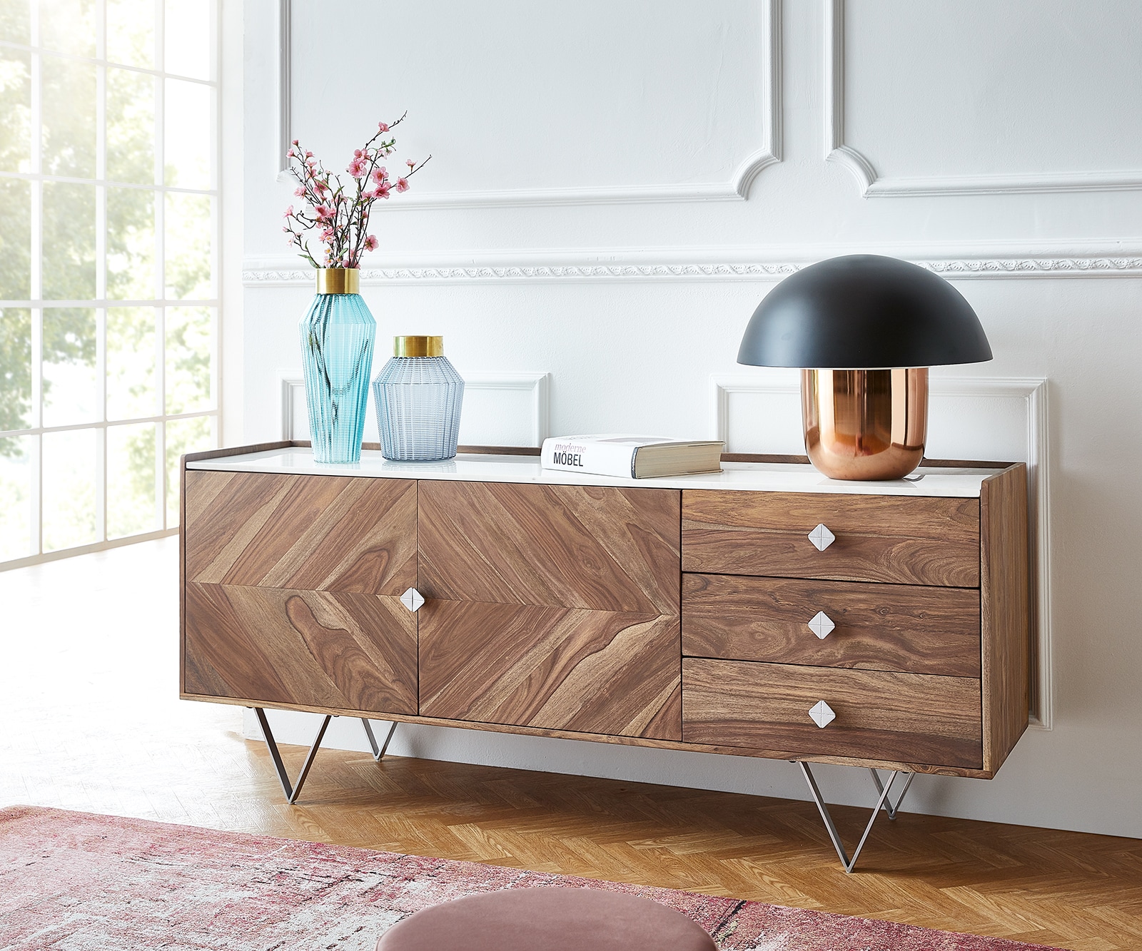 Sideboard Pacino 175 cm Sheesham Natur Steinplatte Weiß Sideboard Pacino 175 cm Sheesham Natur Steinplatte Weiß