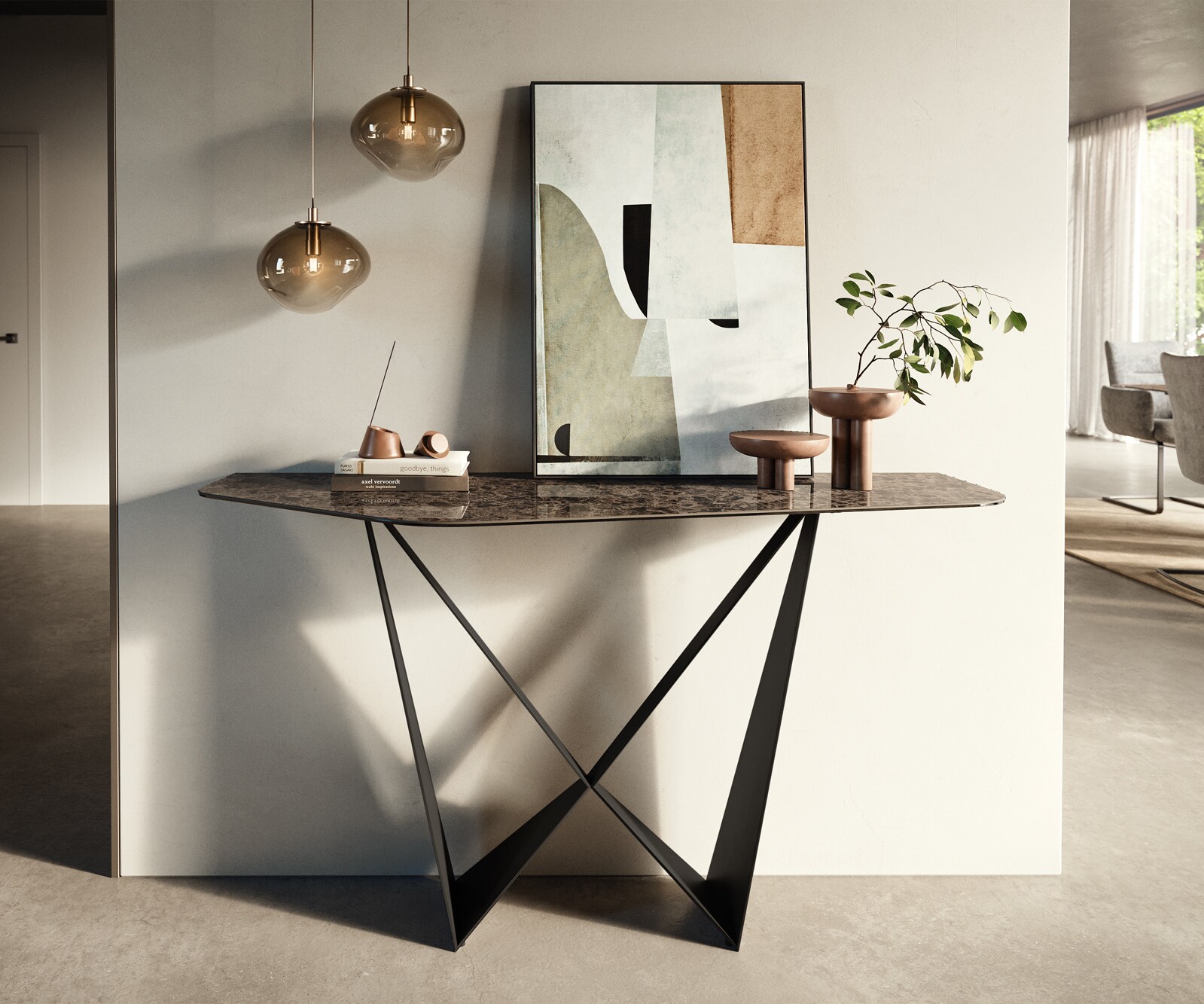 Konsolentisch Edge Polygonal 140x50 cm Keramik Emperador Extra Lucidato Dunkelbraun Spios Metall Schwarz
