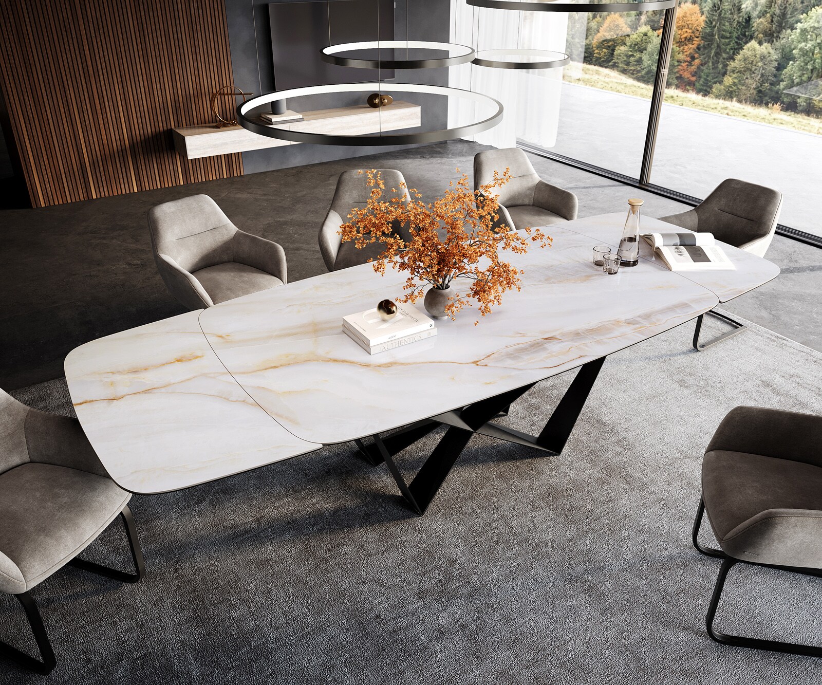 Esstisch Edge Boot 200-300x120 cm Keramik Onyx Pearl Spider Flachstahl Schwarz ausziehbar 3