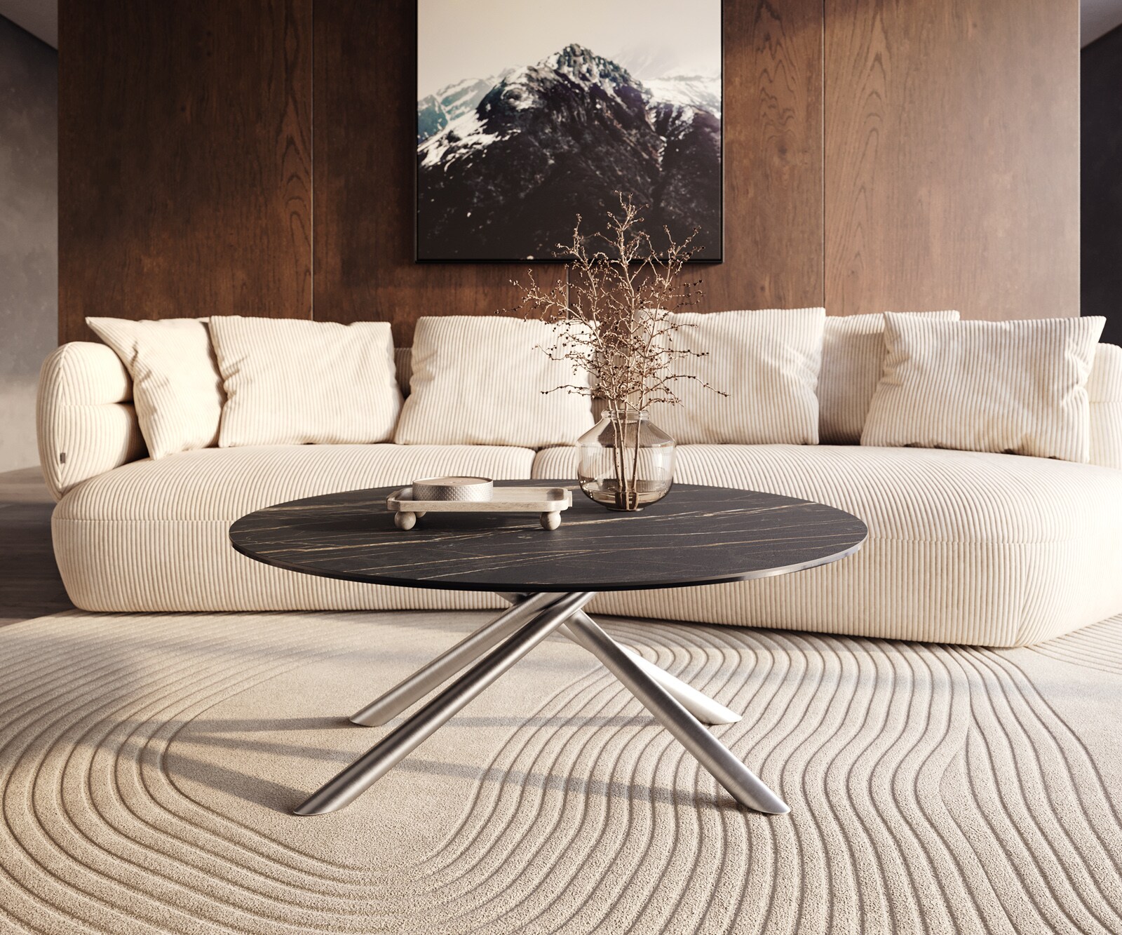 Couchtisch Edge Rund 100x100 cm Keramik Laminam® Noir Desir Braun Sarity Edelstahl gebürstet 5