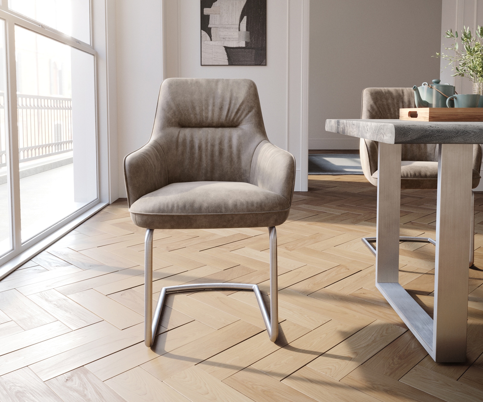 Freischwinger Zelia-Flex mit Armlehnen Mikrofaser Taupe Vintage Freischwinger rund Edelstahl Taschenfederkern 2 Freischwinger Zelia-Flex mit Armlehnen Mikrofaser Taupe Vintage Freischwinger rund Edelstahl Taschenfederkern 2